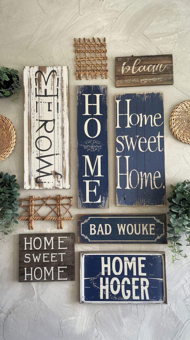 Rustic wall signs on a textured gray background, displaying phrases like "Home Sweet Home." Surrounded by wicker and greenery, conveying a cozy vibe.