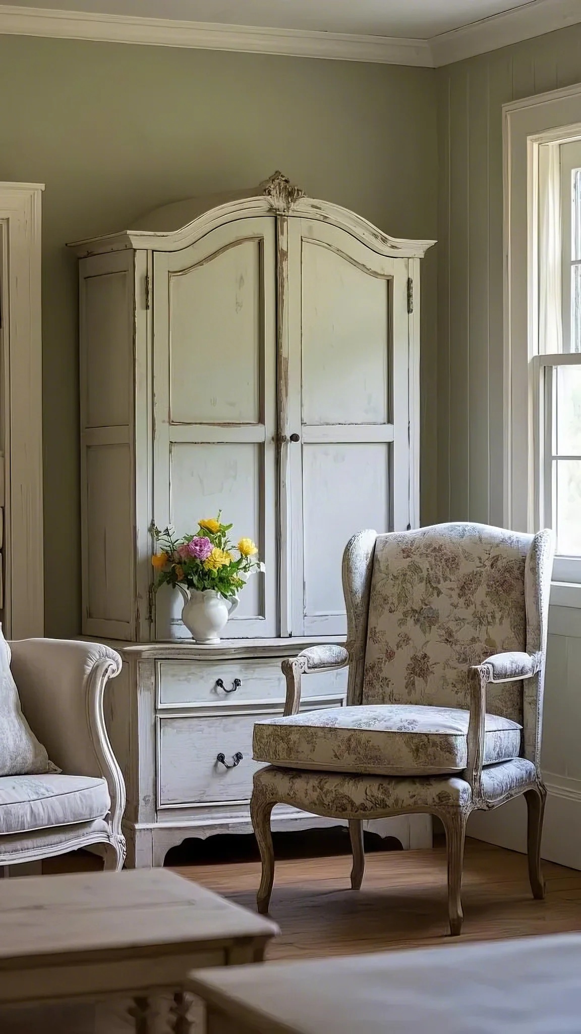 Vintage-style room with an ornate white armchair and distressed armoire. A vase with colorful flowers sits on the armoire, next to a sunlit window.