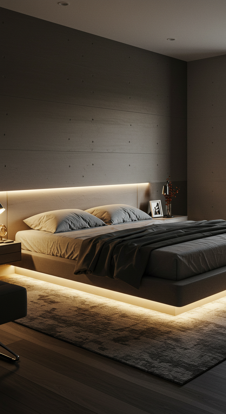 Modern bedroom with a floating bed and ambient lighting under and behind the headboard. Soft, neutral tones create a cozy and minimalist atmosphere.