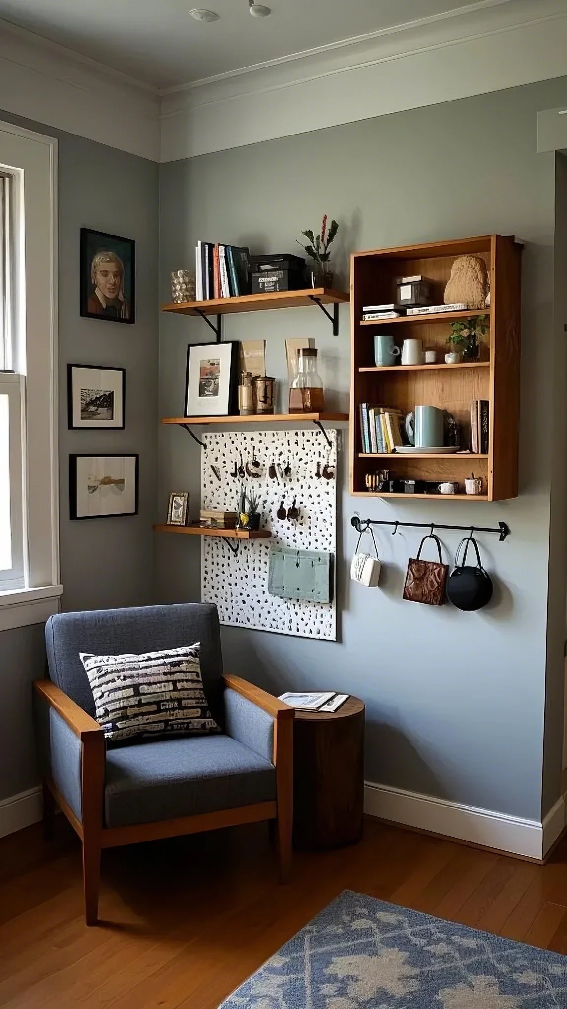 Cozy corner with a gray armchair, patterned pillow, and wooden side table. Shelves hold books, decor, mugs, and plants. Bags hang on a wall rack. Warm ambiance.