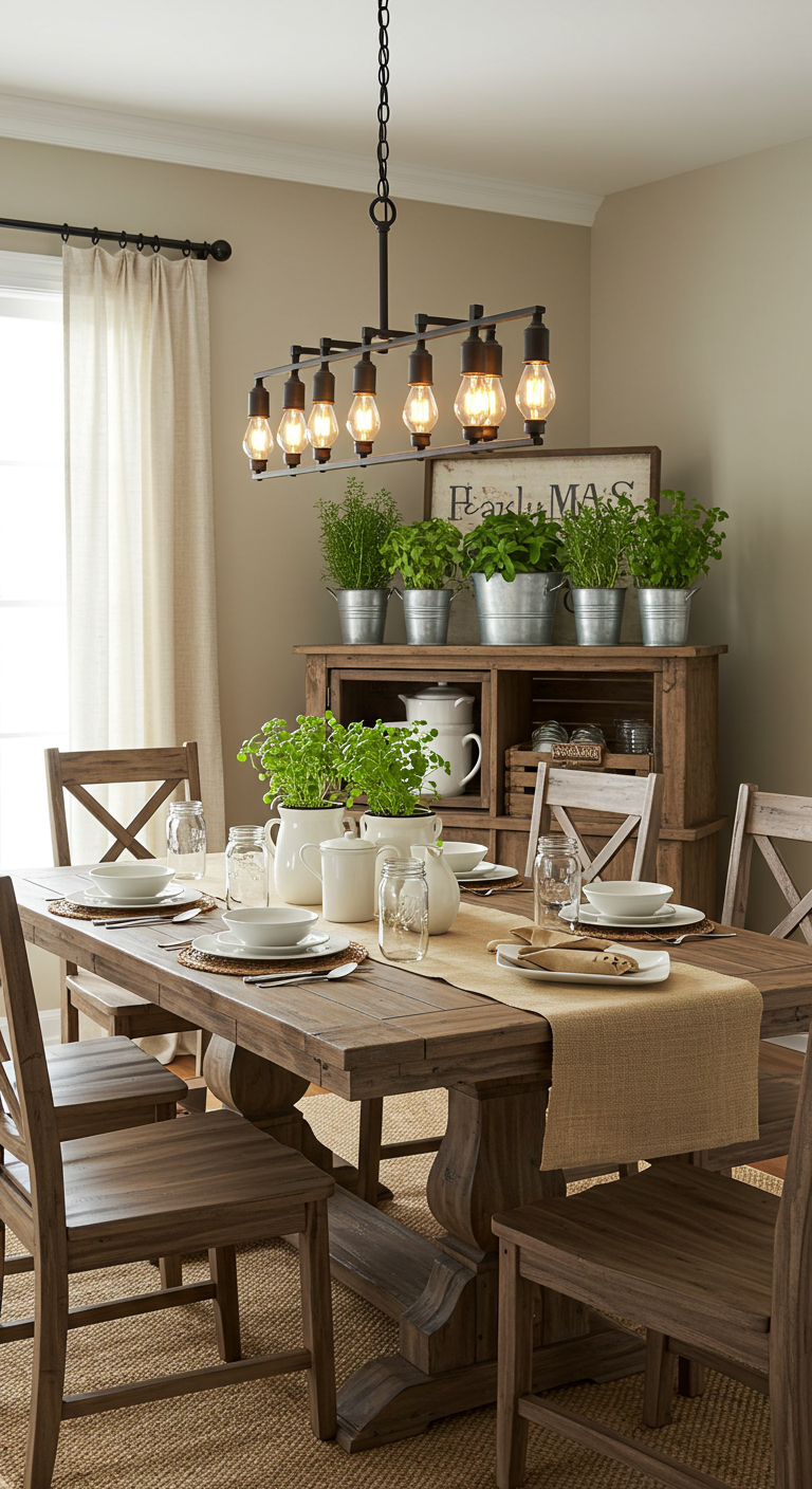 Rustic dining room with a wooden table set for six, adorned with white dishes and mason jars. Hanging light fixture and green plants add warmth.