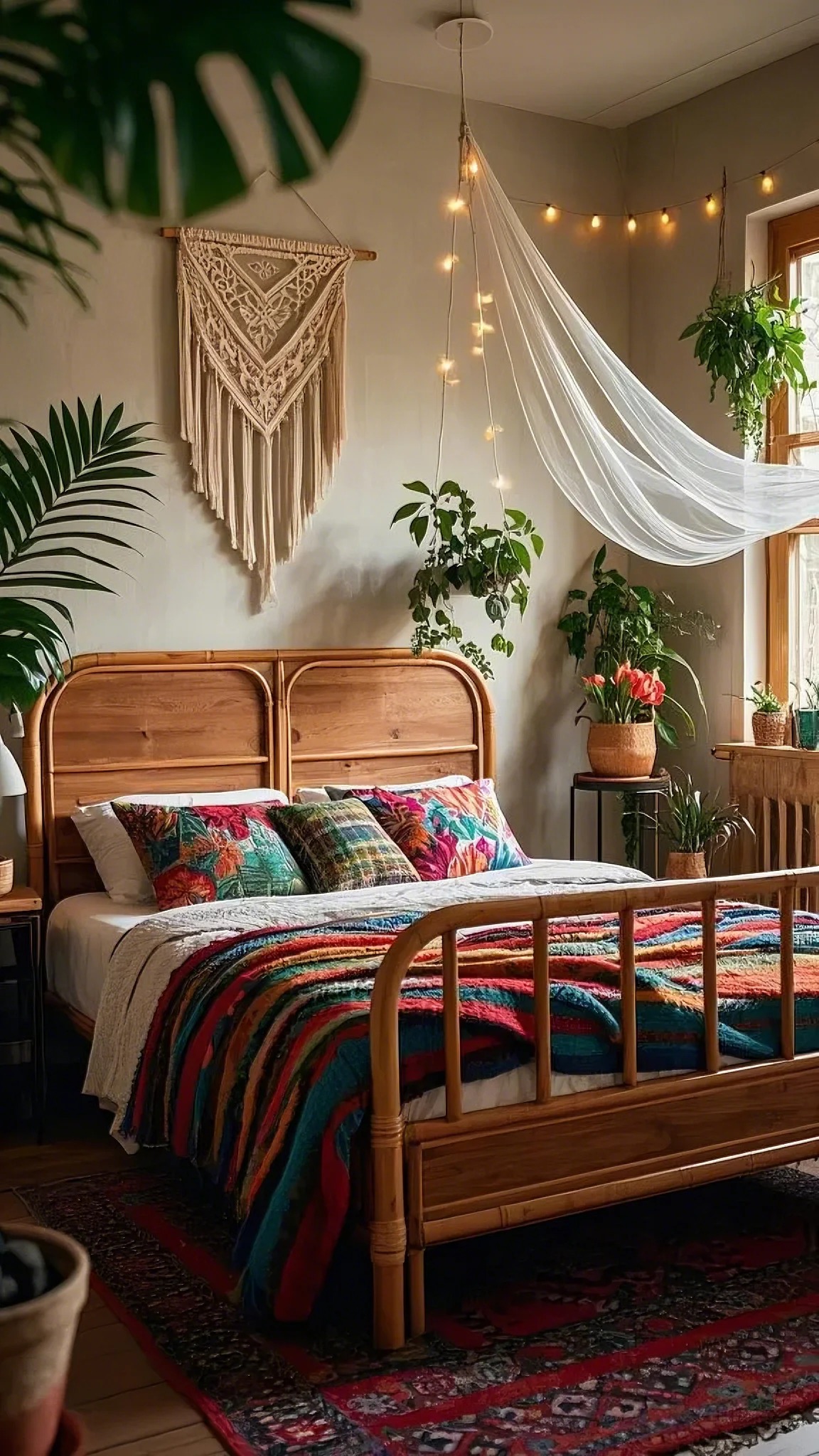 Cozy bohemian bedroom with a wooden bed, colorful textiles, and vibrant pillows. Plants, macramé wall art, string lights, and sheer drapery add warmth.