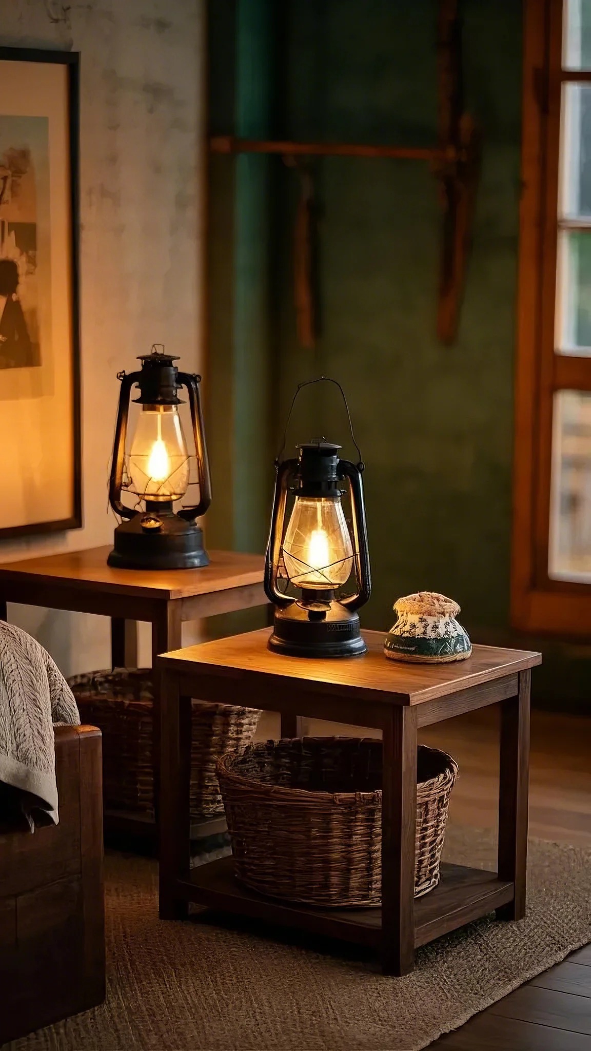 Cozy room with two glowing lanterns on wooden tables, casting a warm glow. Wicker baskets below and a decorative item add rustic charm.