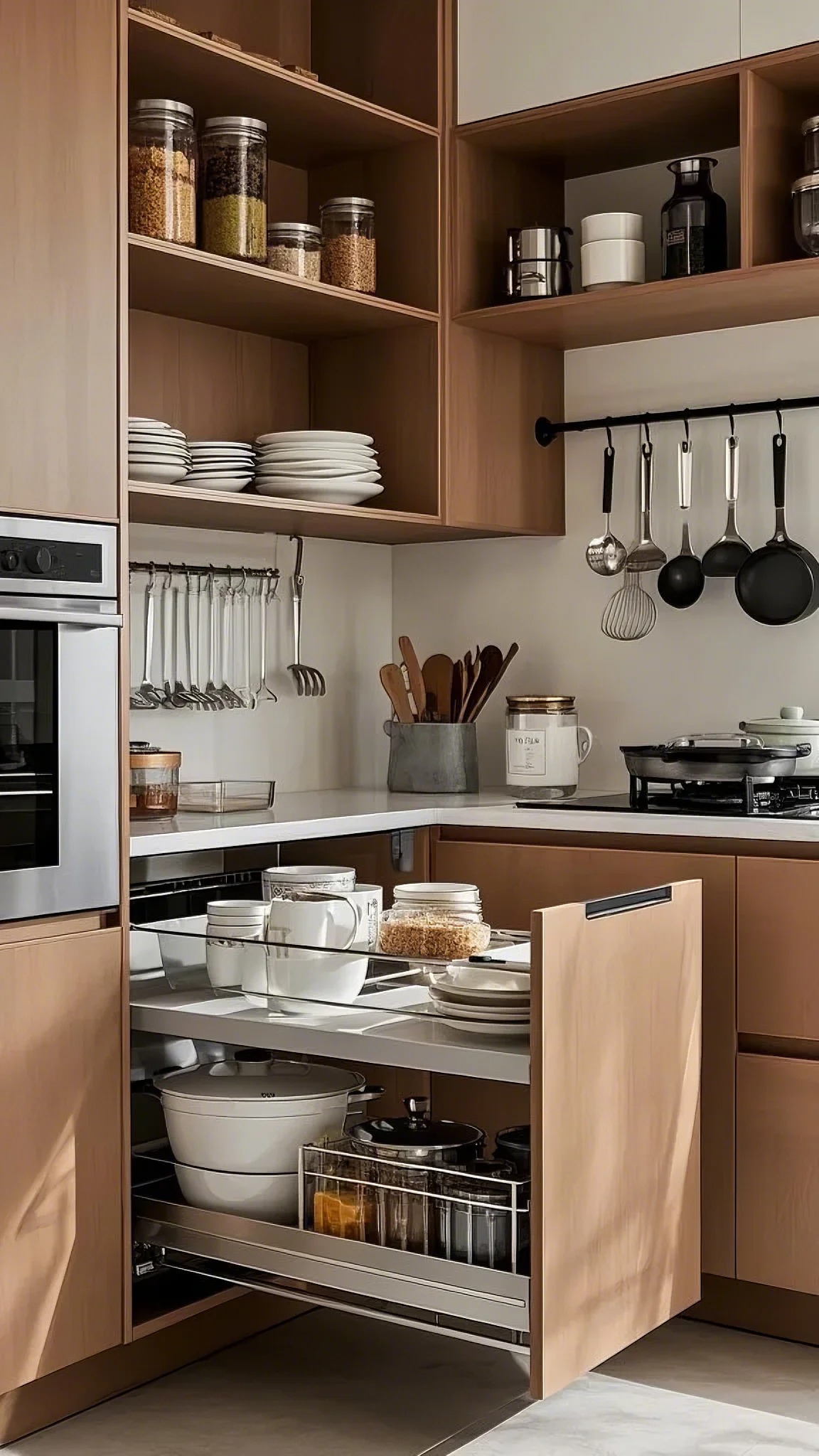 Modern kitchen with open wooden cabinets and drawers, neatly arranged dishes, jars of grains, and utensils hanging. Sleek and organized ambiance.