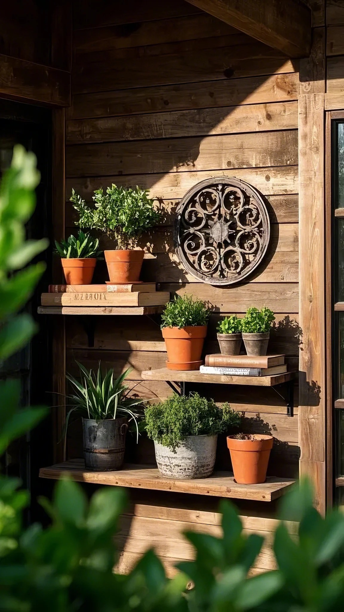 Wooden wall with rustic shelves holding terracotta pots of lush green plants. Sunlight casts gentle shadows. Circular iron decor adds charm.