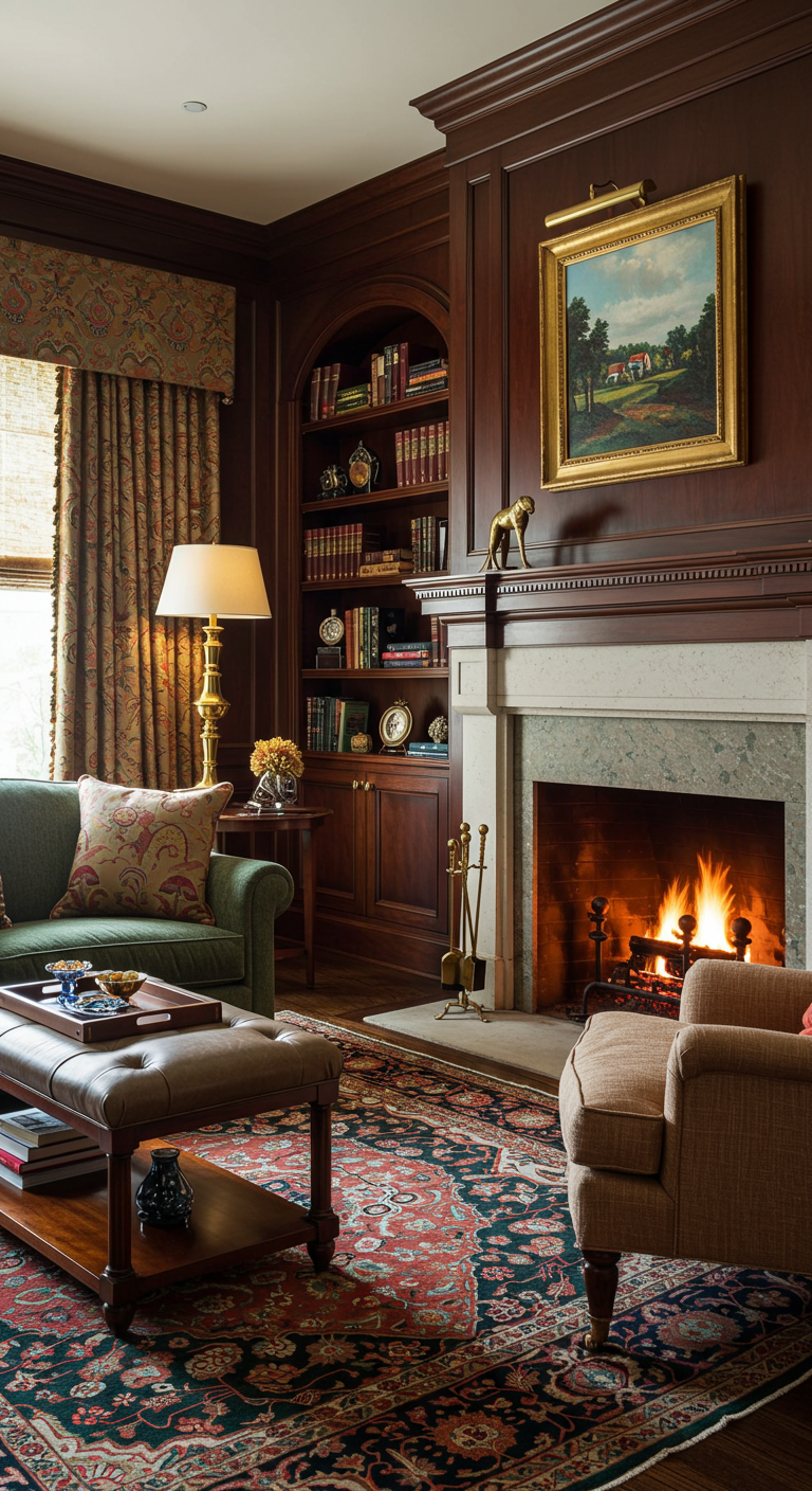 Cozy living room with a lit fireplace, armchairs, bookshelves, and a large rug. Warm lighting and elegant decor create an inviting, classic ambiance.