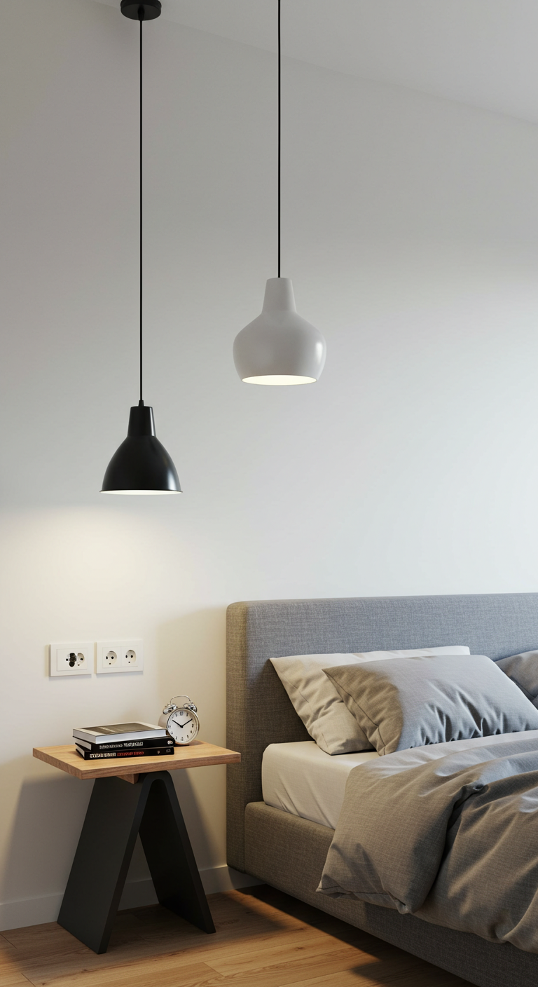 A minimalist bedroom features a gray bed with rumpled bedding, a wooden nightstand holding books, an alarm clock, and two hanging pendant lights—one black and one white—against a plain wall.