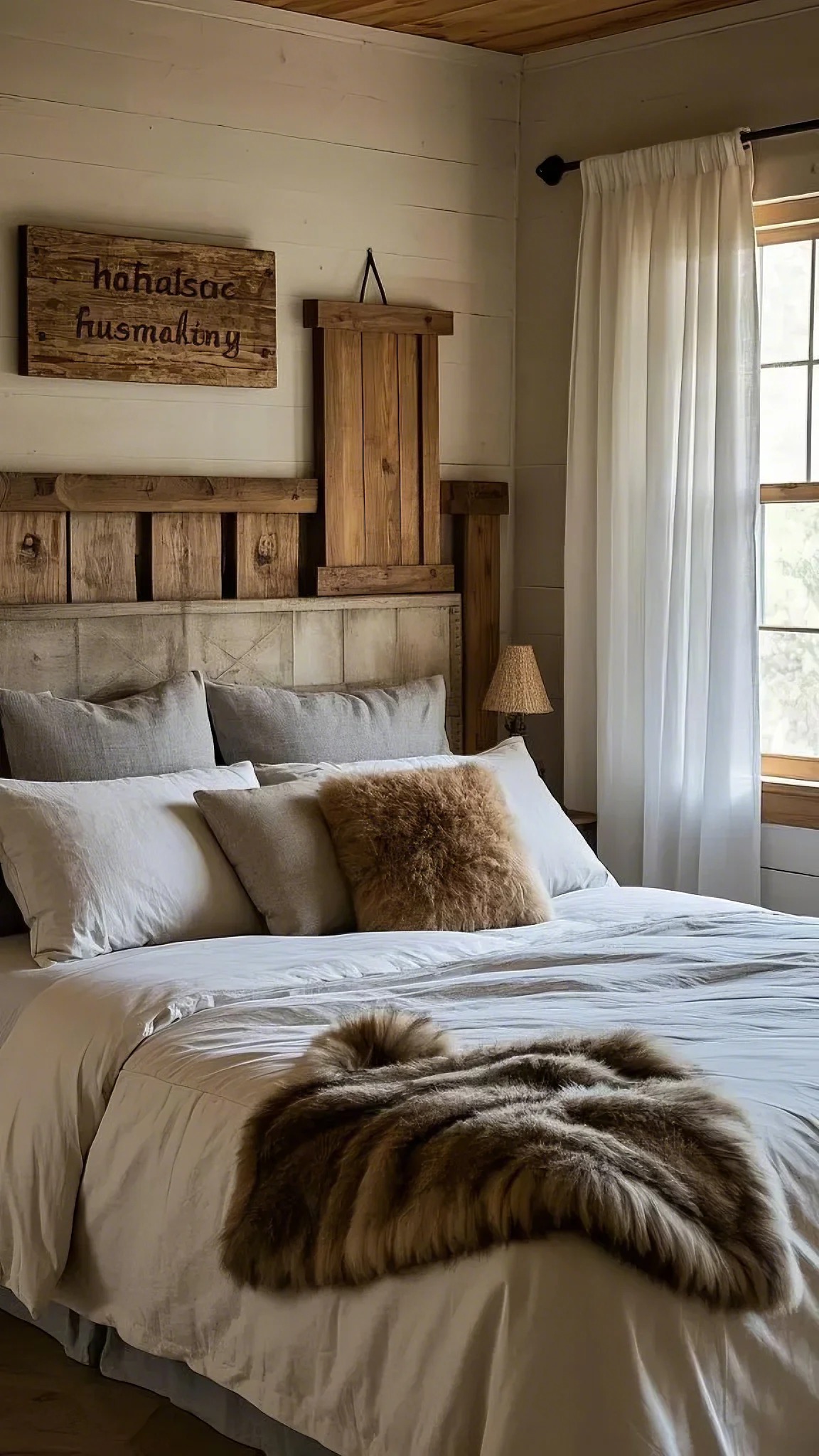 A cozy bedroom with rustic decor. Features a wooden headboard, fluffy pillows, a fur throw on a white bedspread, and soft natural lighting from a window.