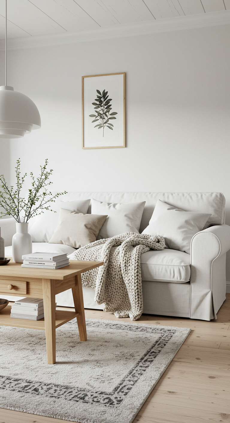 A cozy living room with a white couch, four cushions, and a chunky knit throw. A wooden coffee table holds a vase with twigs and stacked books. A botanical print hangs above, adding a calm, minimalist vibe.