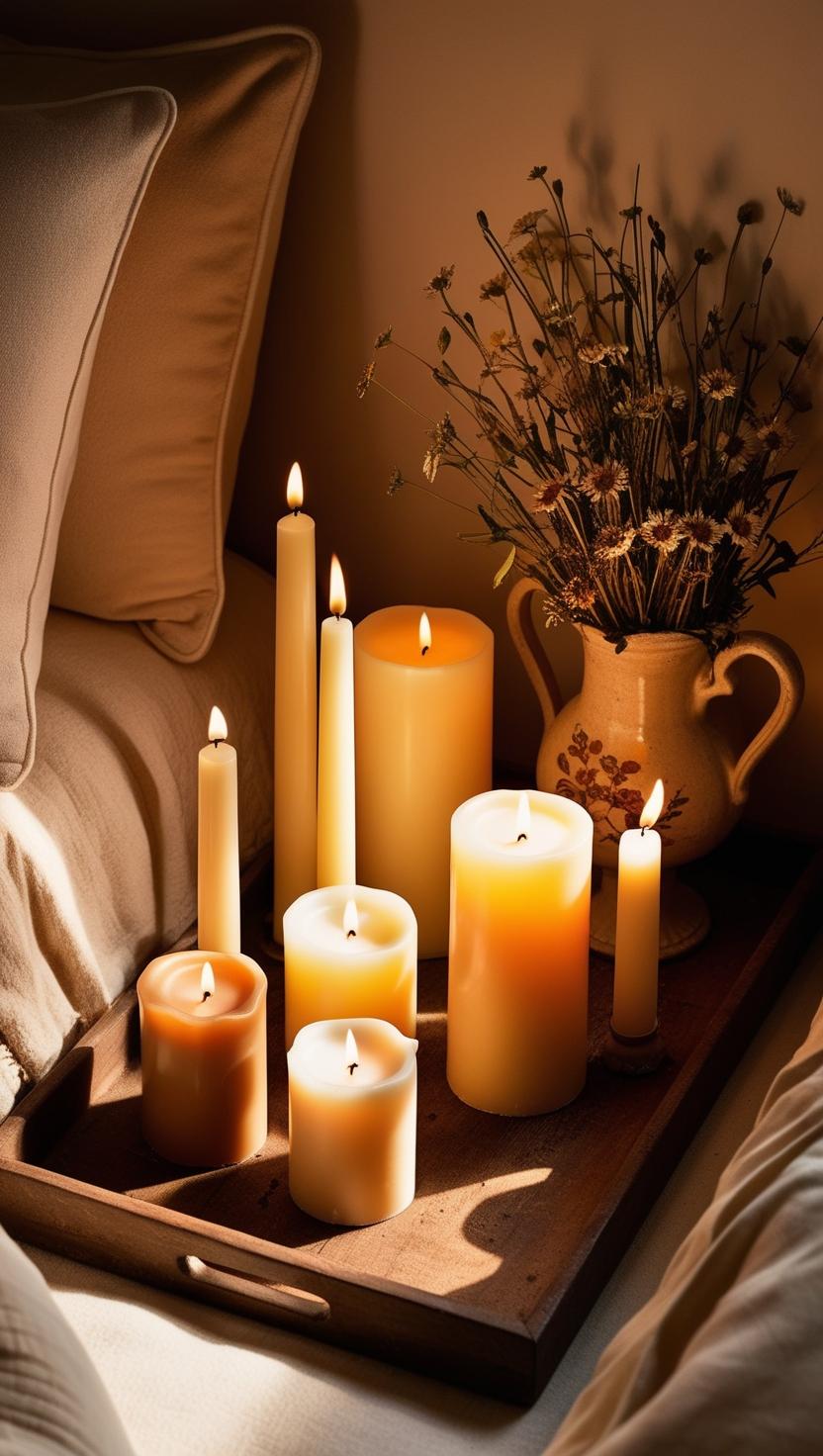 A cozy scene featuring lit candles of varying heights on a wooden tray next to a vase of dried flowers on a bed, exuding warmth and calm.