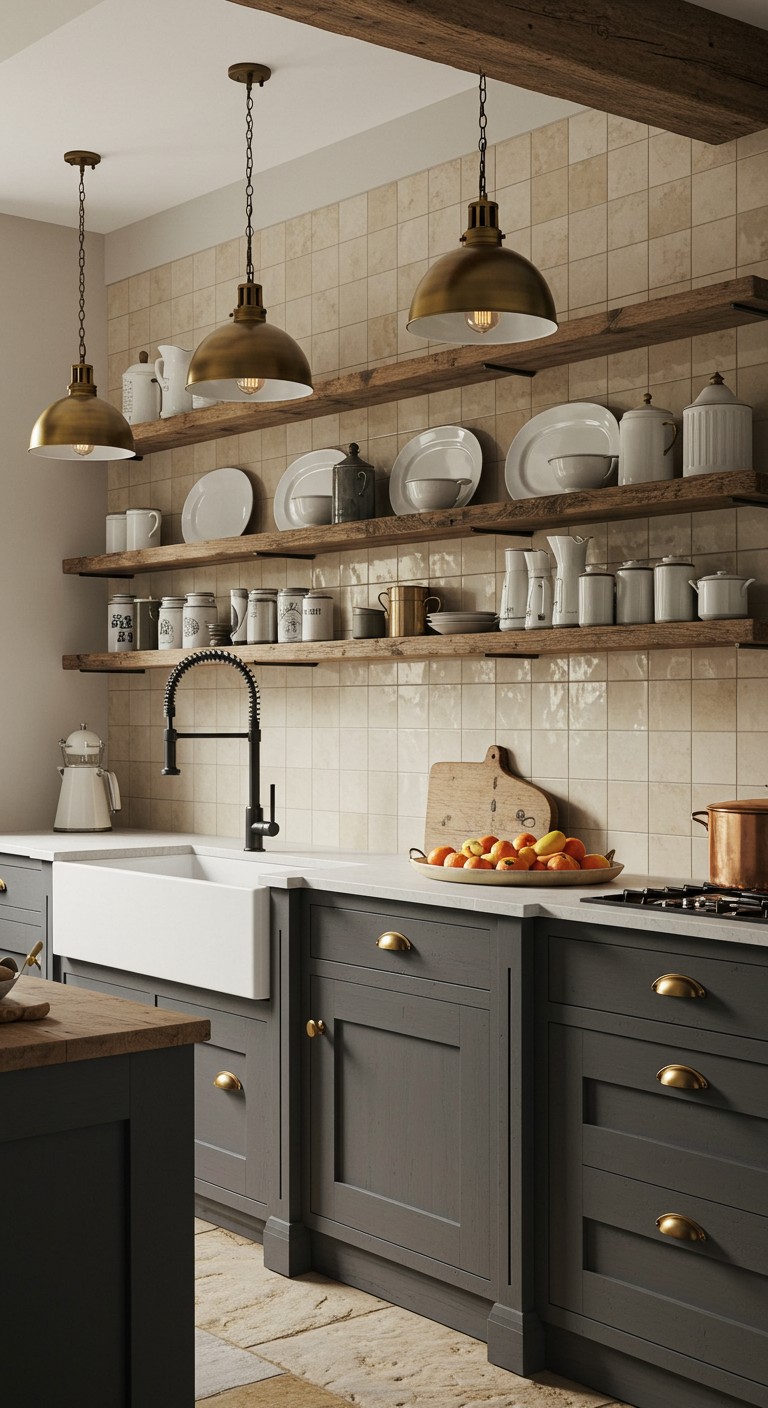 Warm kitchen with gray cabinets, brass handles, and open shelves holding white dishes. Three brass pendant lights hang above. Plate of fruit on counter.