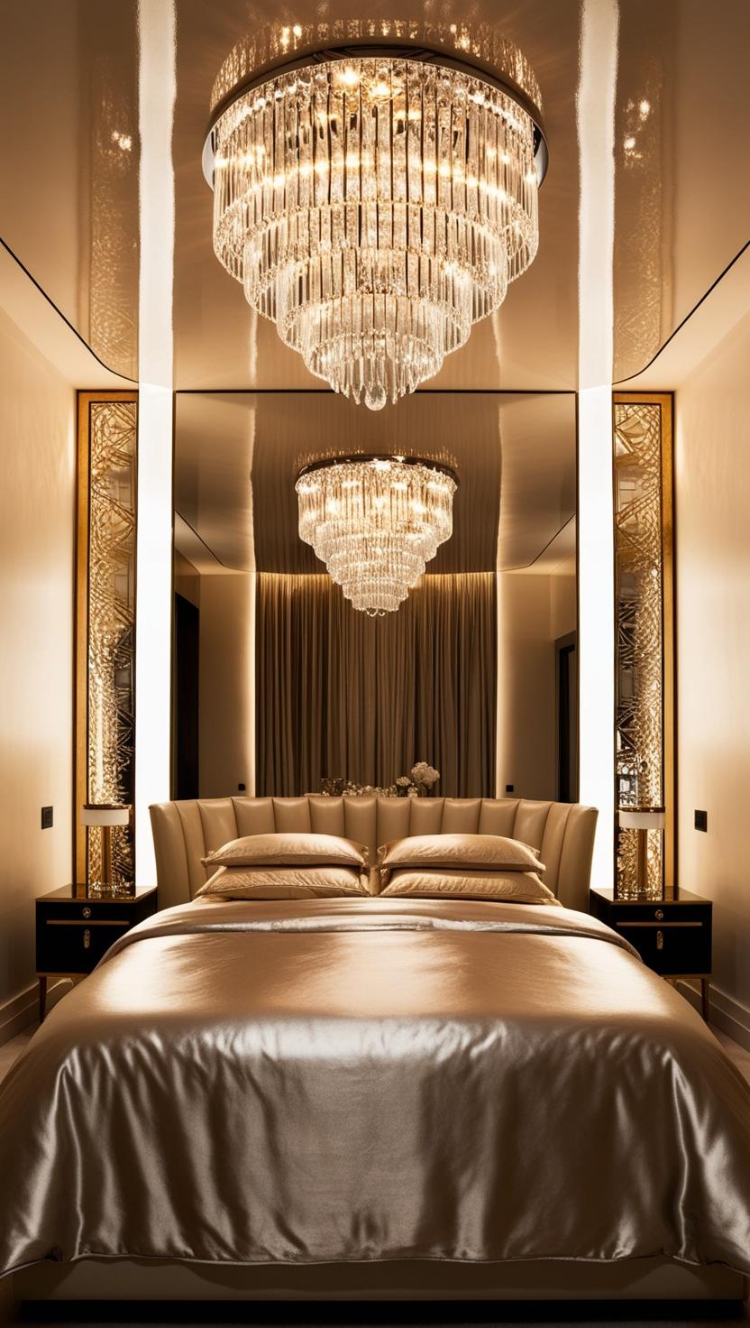 Luxurious bedroom with a plush bed covered in gold satin sheets. A stunning crystal chandelier hangs above, reflecting warm, ambient light. Elegant ambiance.