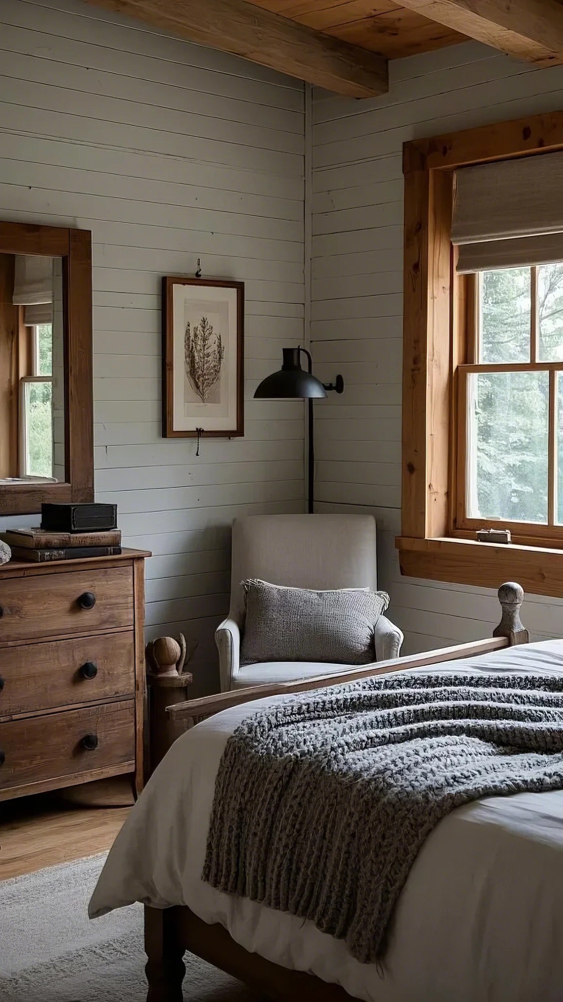 Cozy bedroom with wood accents, featuring a white armchair, textured gray blanket on a bed, wood dresser, framed leaf art, and a window with natural light.