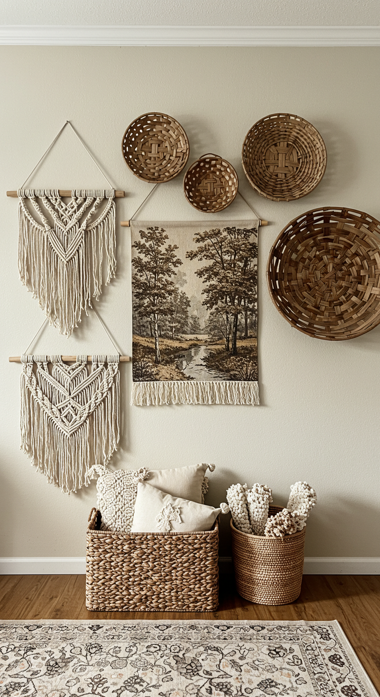 Wall art featuring woven baskets, a tapestry with a tree scene, and macramé hangings above wicker baskets holding pillows and flowers on a wooden floor.