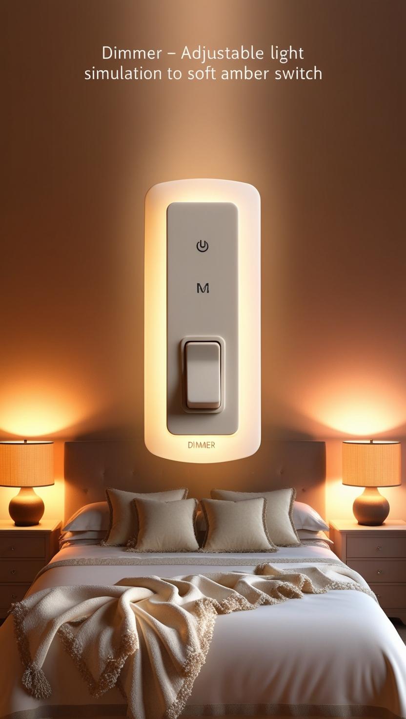 A soft-lit bedroom with a central dimmer switch glowing amber, above a cozy bed with beige pillows and a throw. Two lit lamps flank the bed.