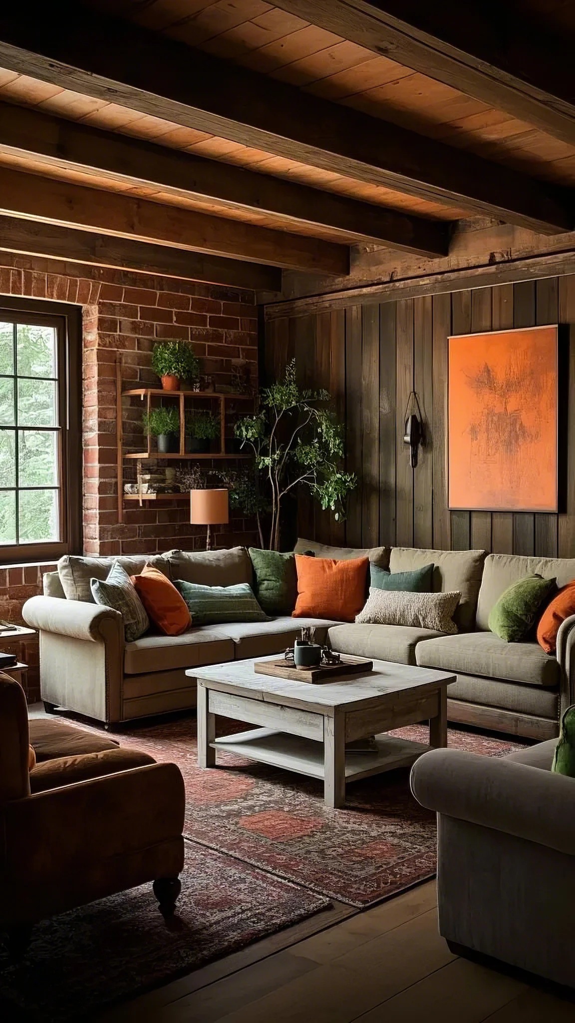 Cozy living room with rustic charm, featuring a beige sofa with orange and green cushions, a wooden coffee table, brick walls, and soft natural lighting.