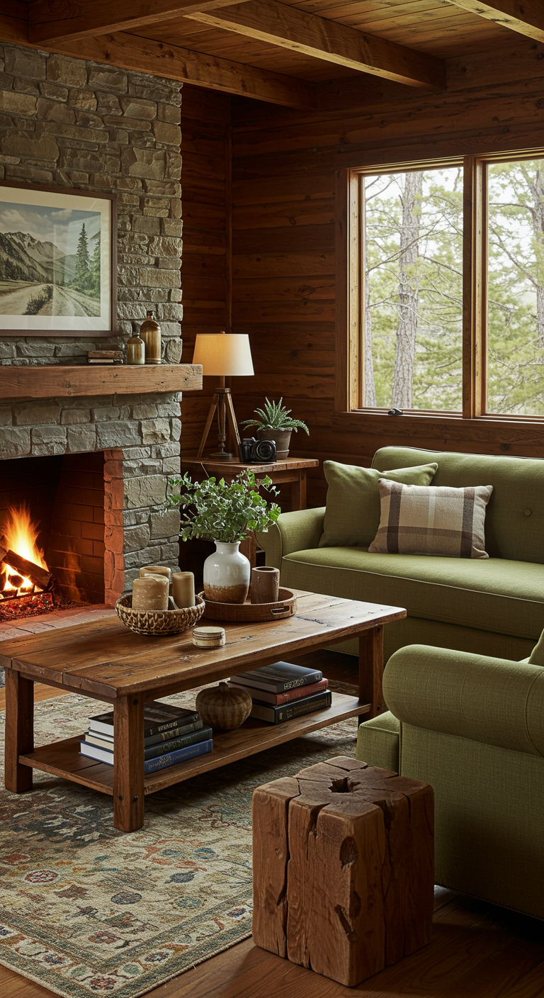 Cozy rustic living room with a stone fireplace, lit fire, green couch, wooden coffee table with candles and plants, framed landscape art, and large window.