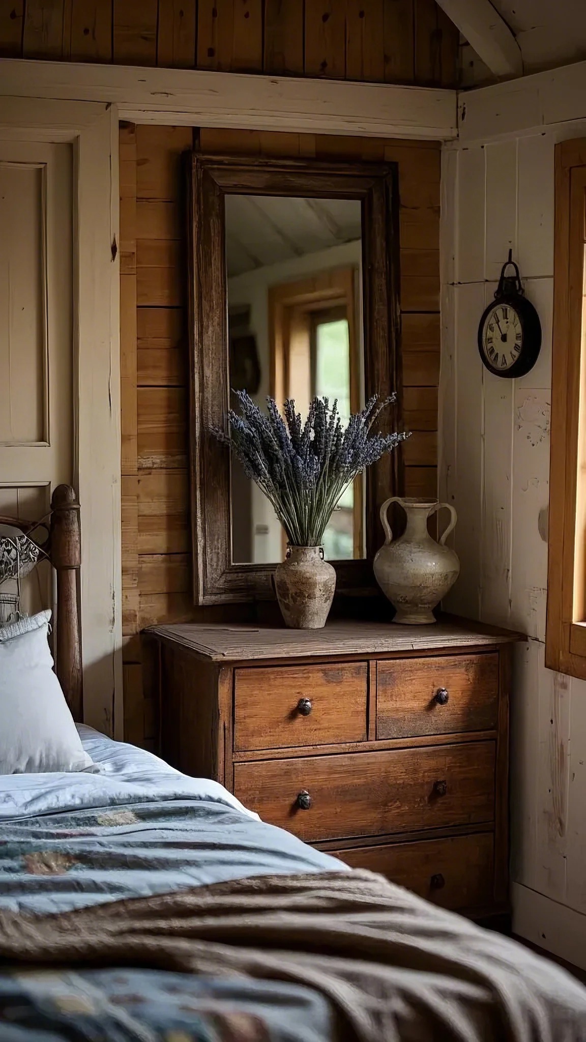 Rustic bedroom with wooden walls and furniture. A vase of lavender sits on a wooden dresser with a mirror, evoking a cozy, vintage feel. A clock hangs nearby.