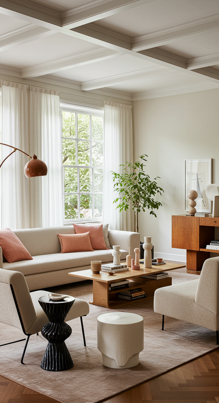 Bright, modern living room with beige sofas, pink cushions, a wooden coffee table, and potted plant. Large window with sheer curtains adds natural light.