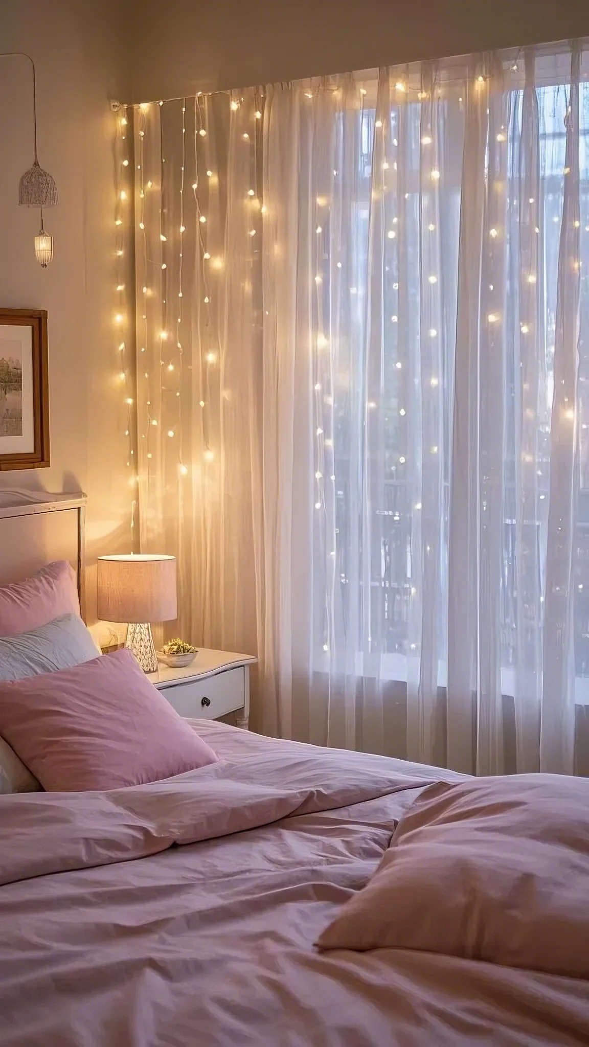 Cozy bedroom with pink bedding, sheer curtains, and warm fairy lights. Soft lamp light on a bedside table creates a serene, inviting atmosphere.