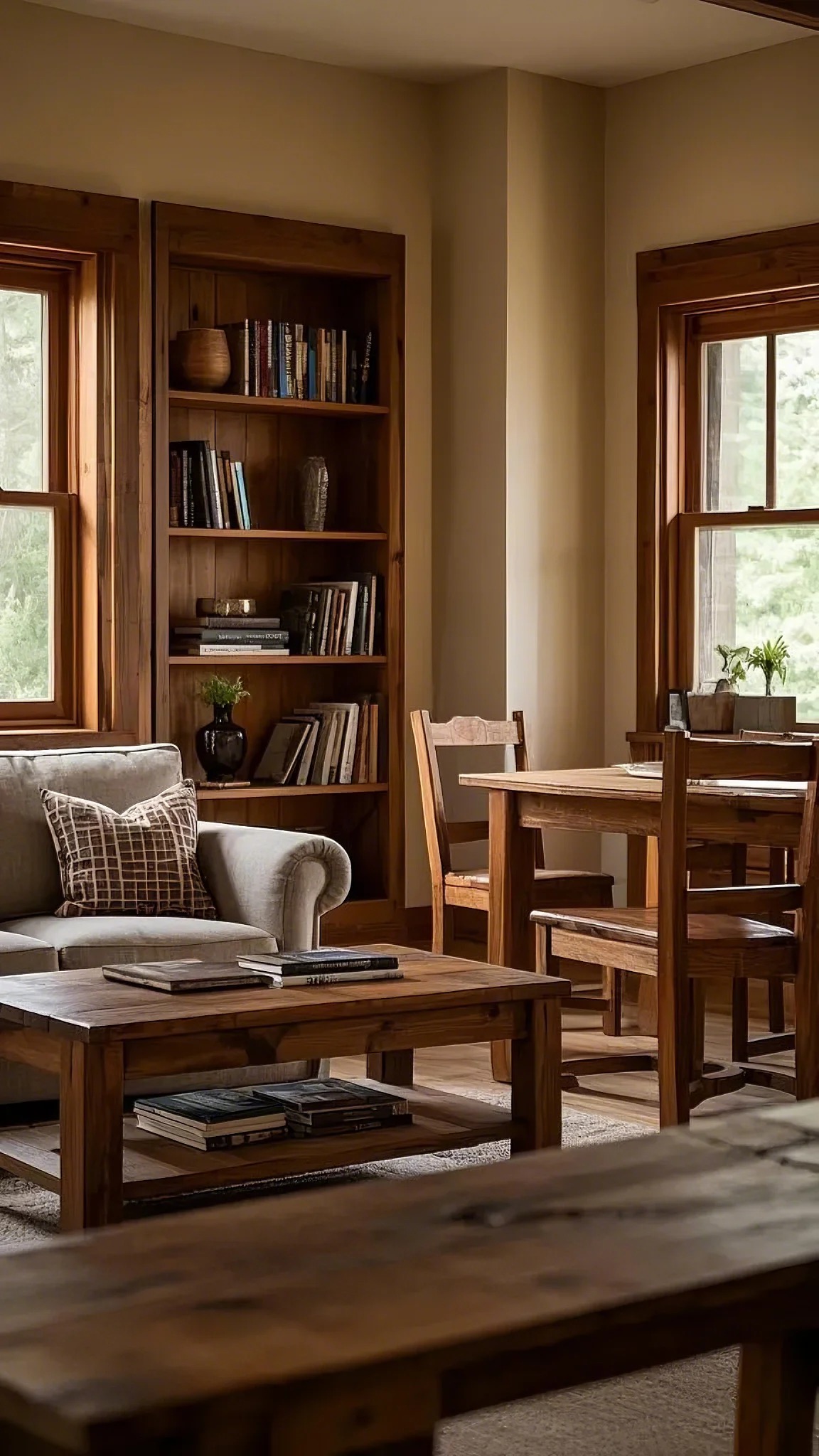 Cozy living room with wooden furniture, beige sofa, plaid pillow, bookshelves, and potted plants. Warm lighting creates an inviting, rustic atmosphere.