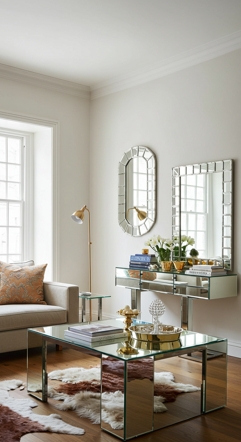 Modern living room with mirrored furniture, including a glass coffee table and wall mirrors. A beige sofa with orange pillows and a gold floor lamp add warmth.