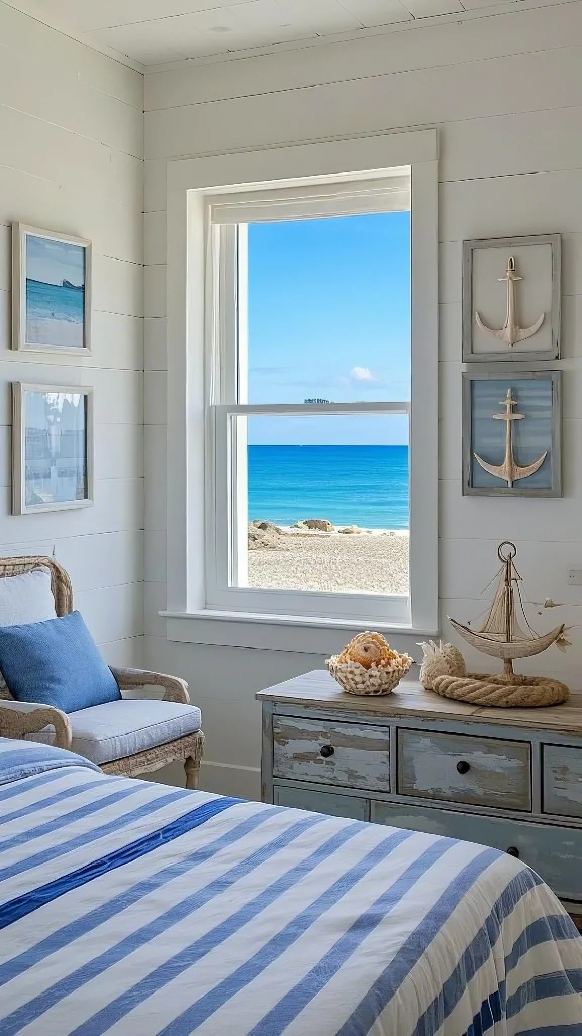 Coastal-style bedroom with white walls, a blue-striped bedspread, and a wicker chair. A window reveals a serene beach view, enhancing a tranquil, relaxed atmosphere.