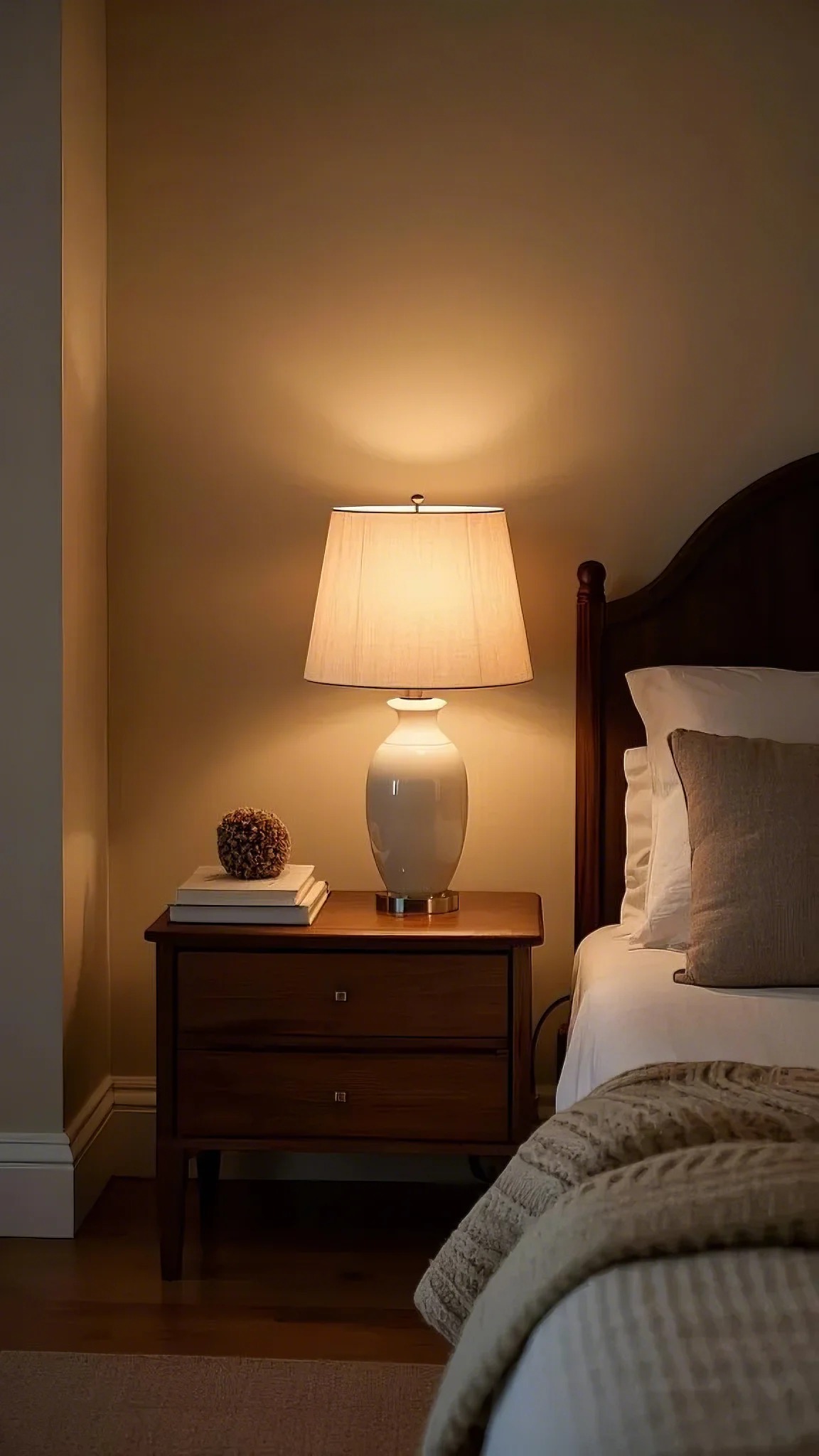 Cozy bedroom scene with a glowing table lamp on a wooden nightstand, alongside books and a decorative item. A bed with soft pillows and a knitted blanket adds warmth.