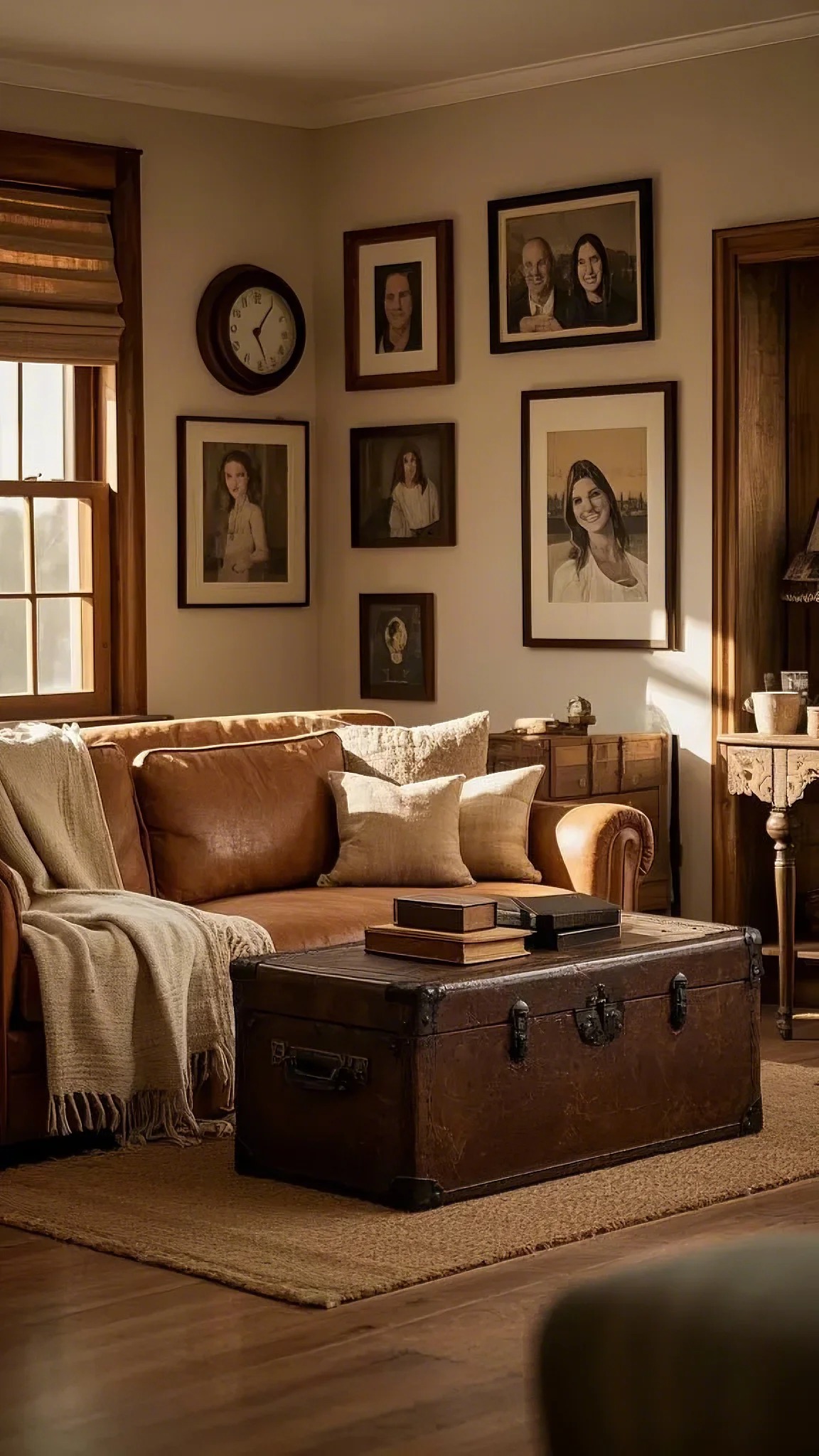 Cozy living room with warm tones. A leather sofa with beige cushions and a blanket is beside a vintage trunk used as a table. Wall displays family photos.