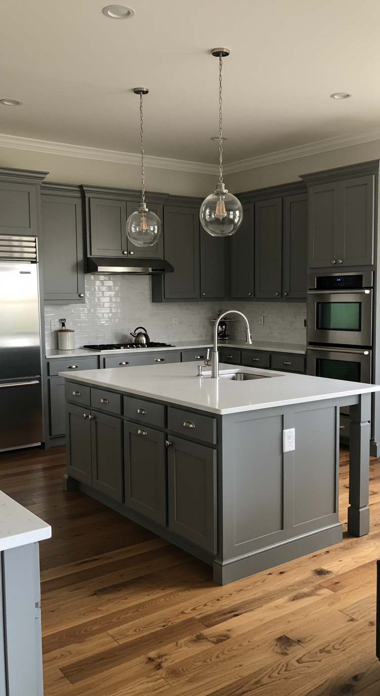 Modern kitchen with gray cabinets, stainless steel appliances, and a white island. Glass pendant lights hang above, creating a sleek, calm ambiance.