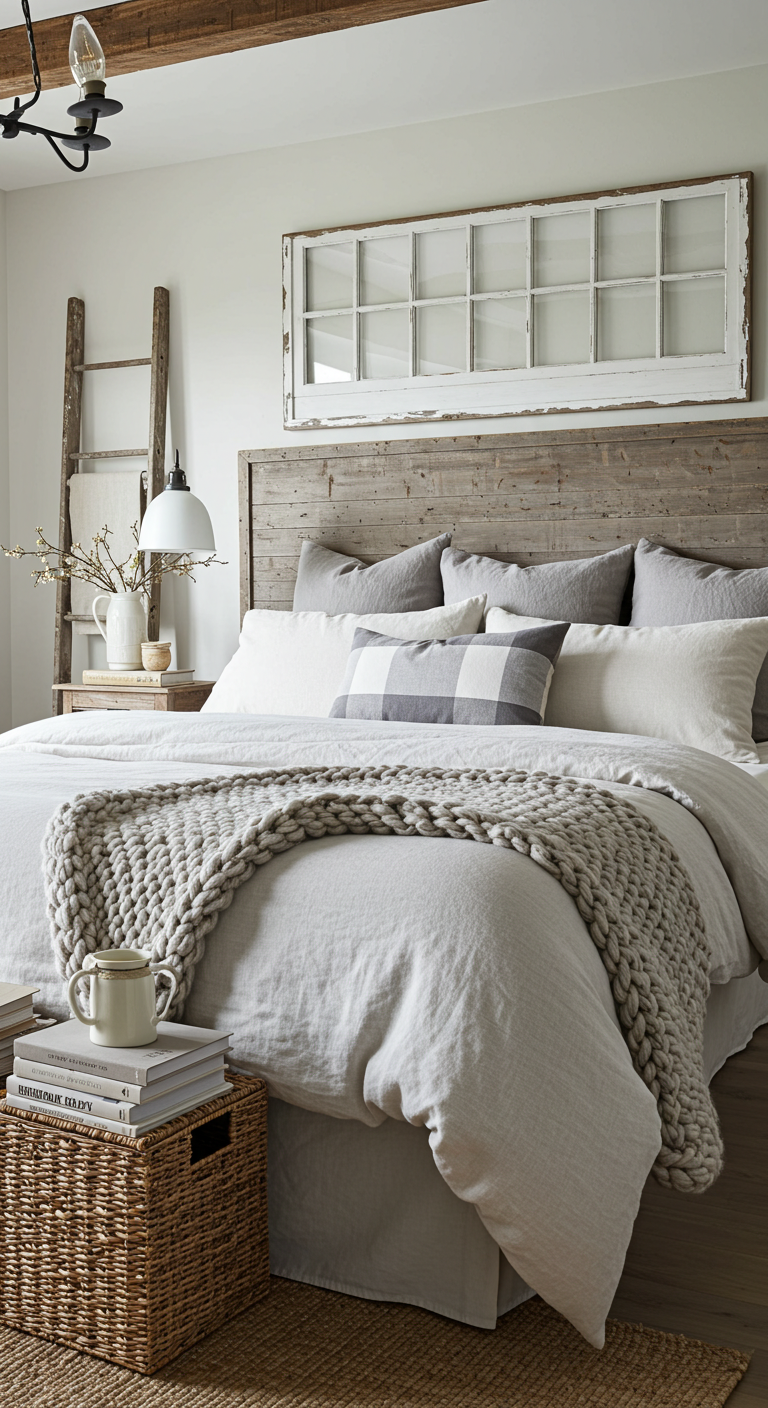 Cozy bedroom with a rustic wood headboard, soft grey and white bedding, and a chunky knit blanket. A wicker basket with books and a mug sits by the bed.