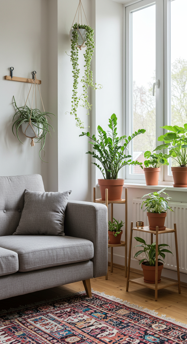 Bright room with large window, gray sofa, and vibrant potted plants on wooden stands. A colorful rug adds warmth, creating a cozy, fresh atmosphere.