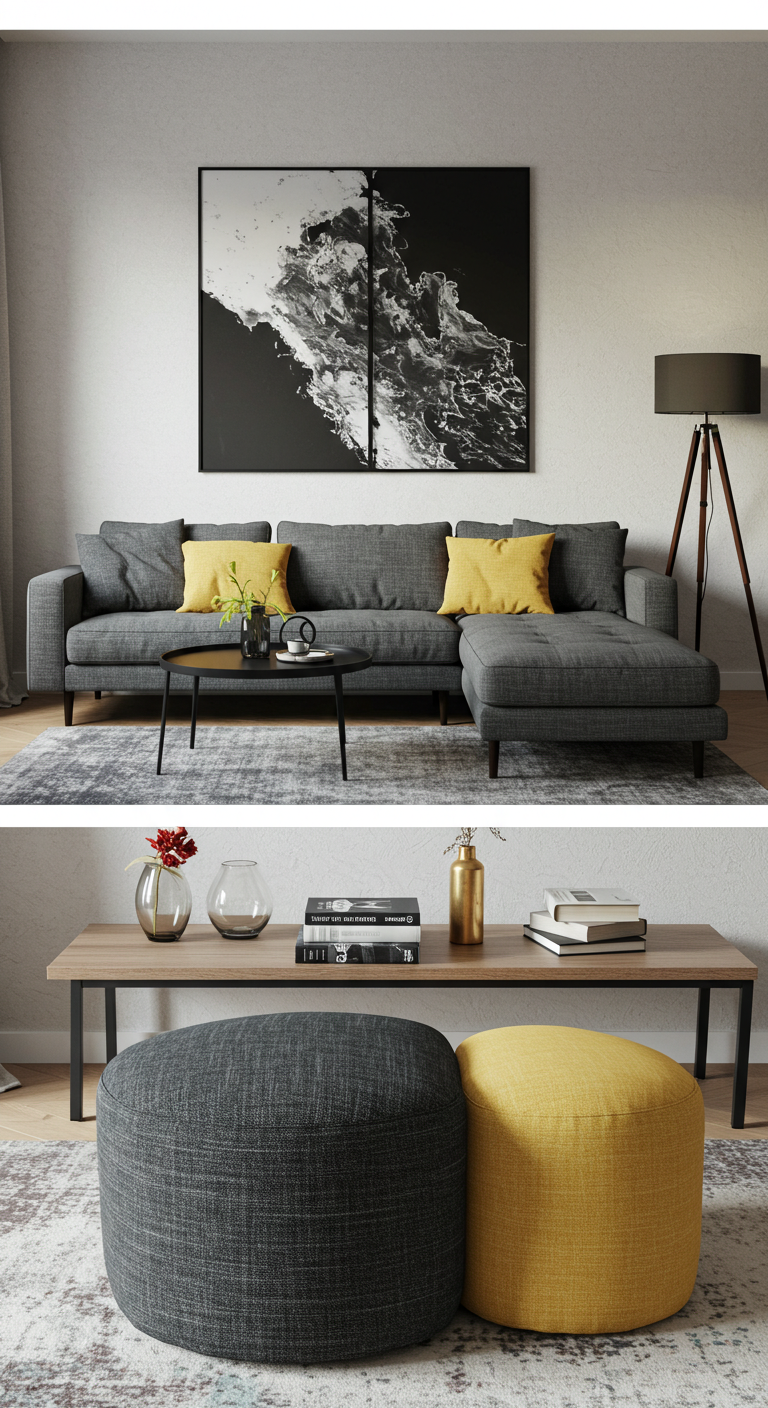 Stylish living room with a gray sectional sofa and yellow pillows. A black and white abstract painting hangs above. A tripod lamp stands nearby.