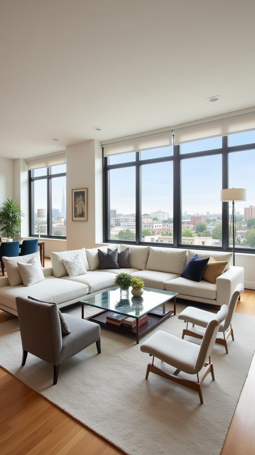 Modern living room with large windows overlooking a cityscape. Features a white sectional sofa, glass coffee table, and cozy chairs on a light rug.