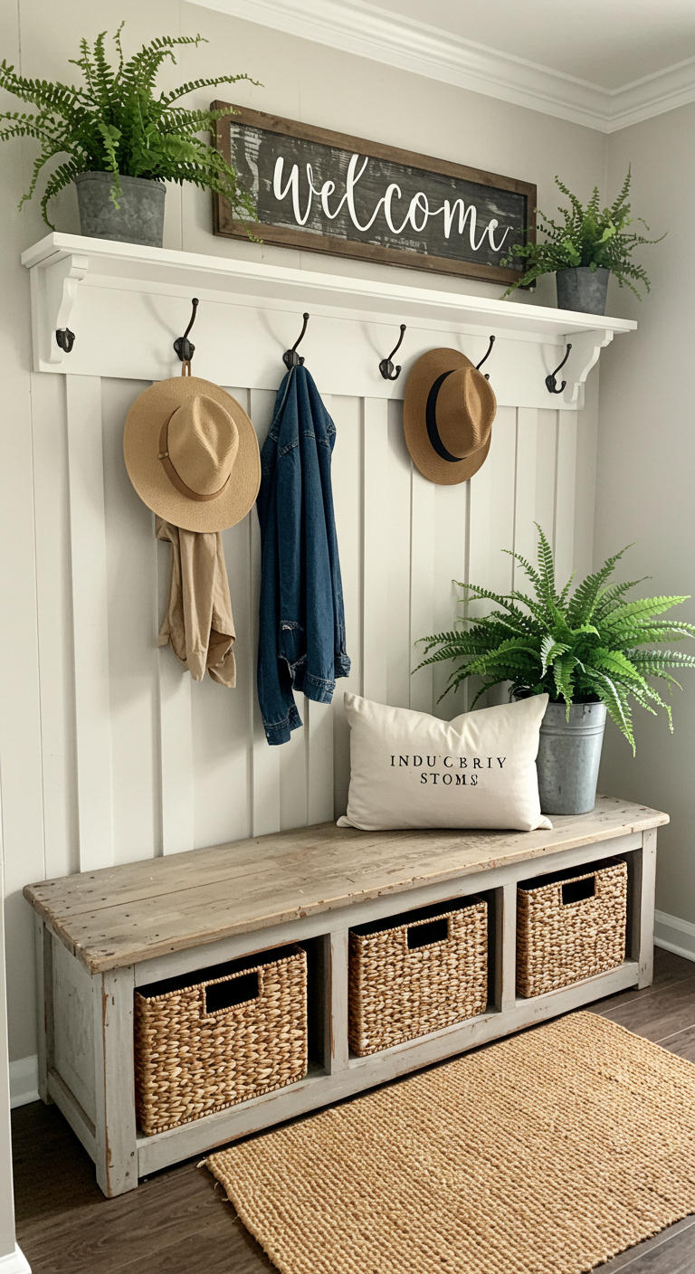 Cozy entryway with a welcoming sign, hats, and a denim jacket on hooks. Features wooden bench, wicker baskets, potted ferns, and a textured rug.