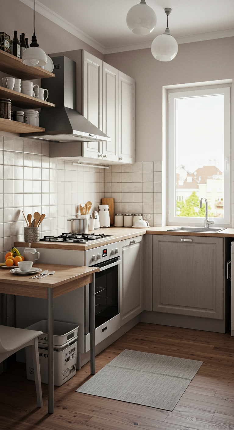 A cozy kitchen with white cabinets, wooden countertops, and open shelves. Sunlight streams through a window, creating a warm and inviting atmosphere.