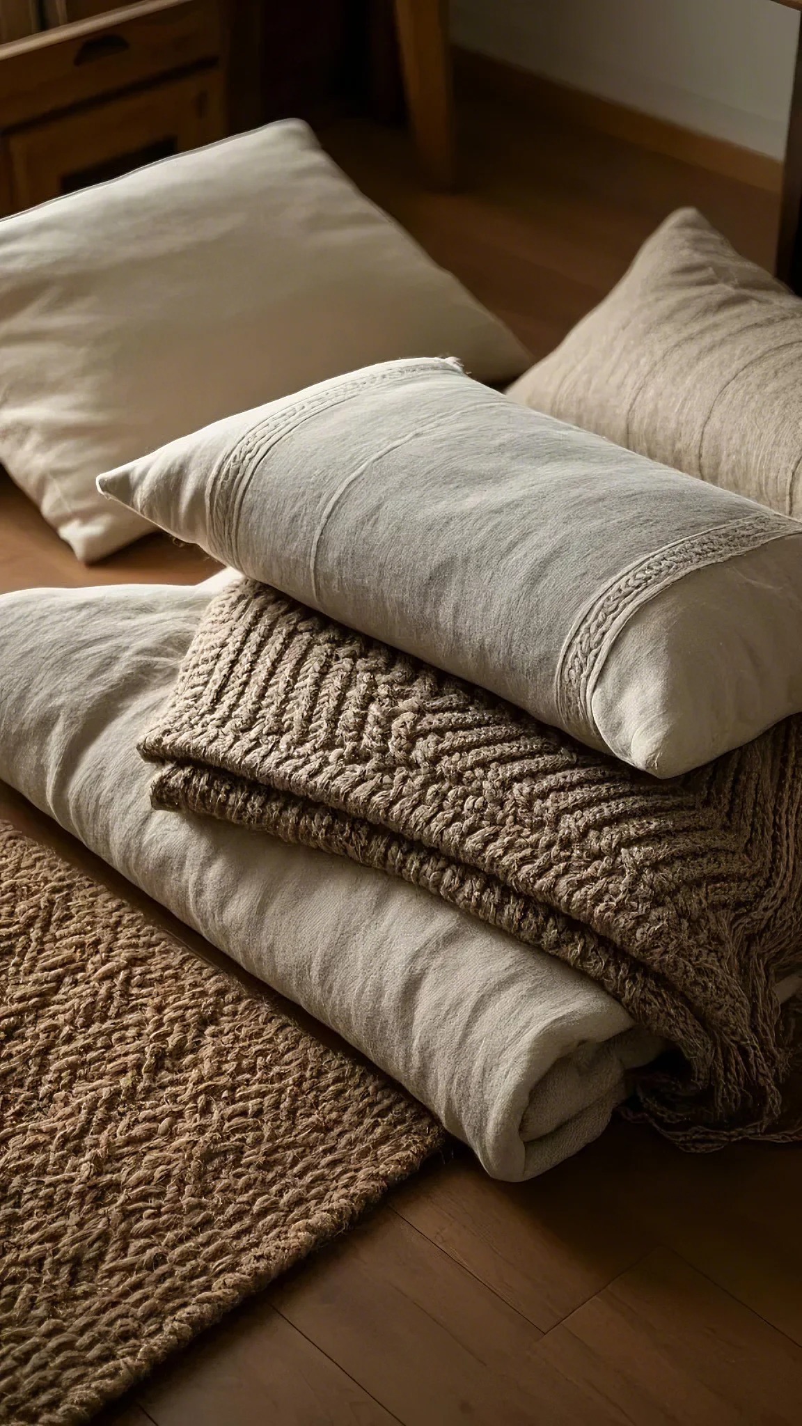 A stack of cozy pillows and a textured, woven blanket in neutral beige and cream tones rests on a wooden floor, creating a warm, inviting atmosphere.