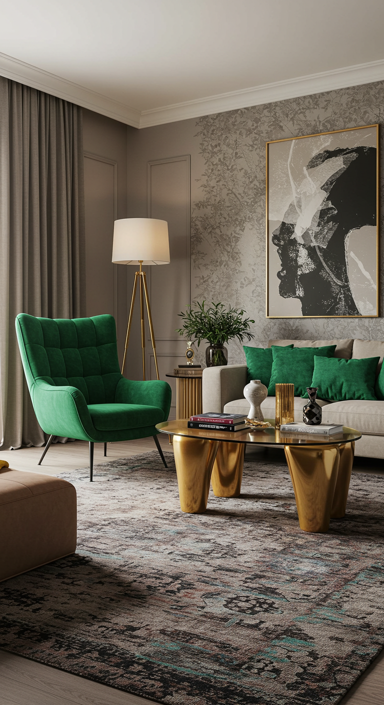 Sophisticated living room with a green armchair, gold coffee table, and abstract artwork. Neutral tones and plush textures add elegance and coziness.