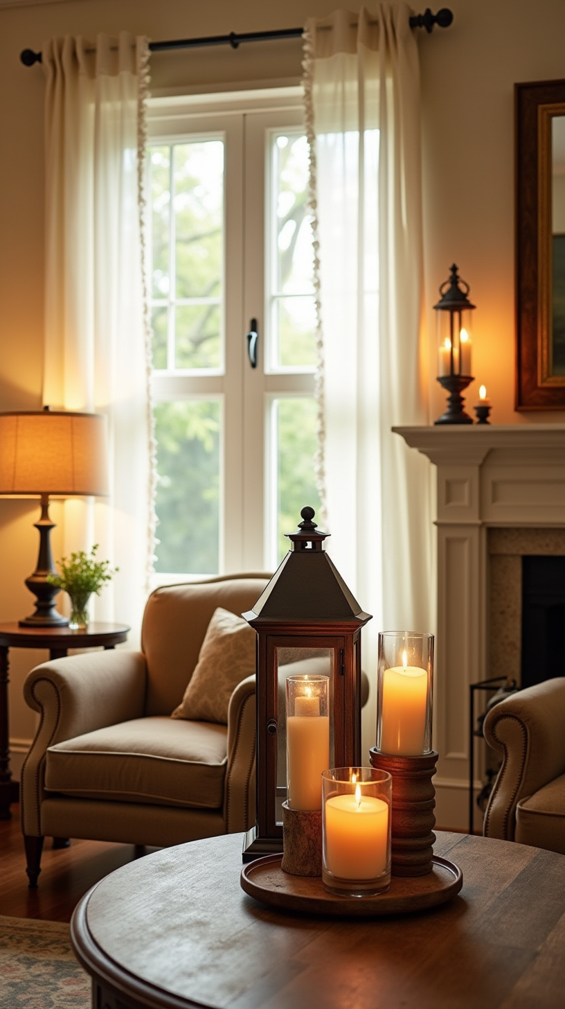 Cozy living room with two armchairs by a window, soft lighting from a table lamp, and a fireplace with candles. Warm, inviting atmosphere.