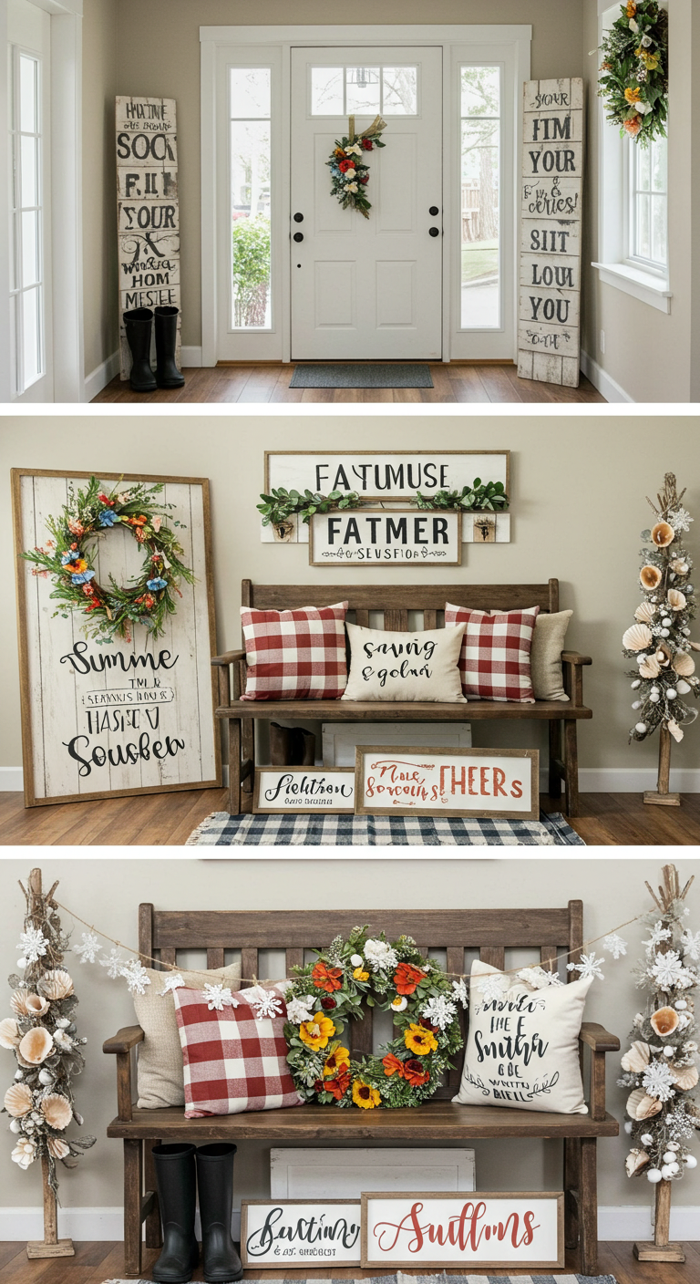 Warm, farmhouse-style entryway with wooden bench, plaid pillows, and floral wreaths. Rustic signs and seasonal decor evoke cozy, inviting vibes.