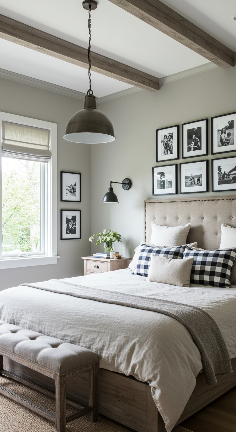 Cozy bedroom features neutral tones, tufted bed, plaid pillows, and a cushioned bench. Black and white photos adorn walls, with soft natural light.