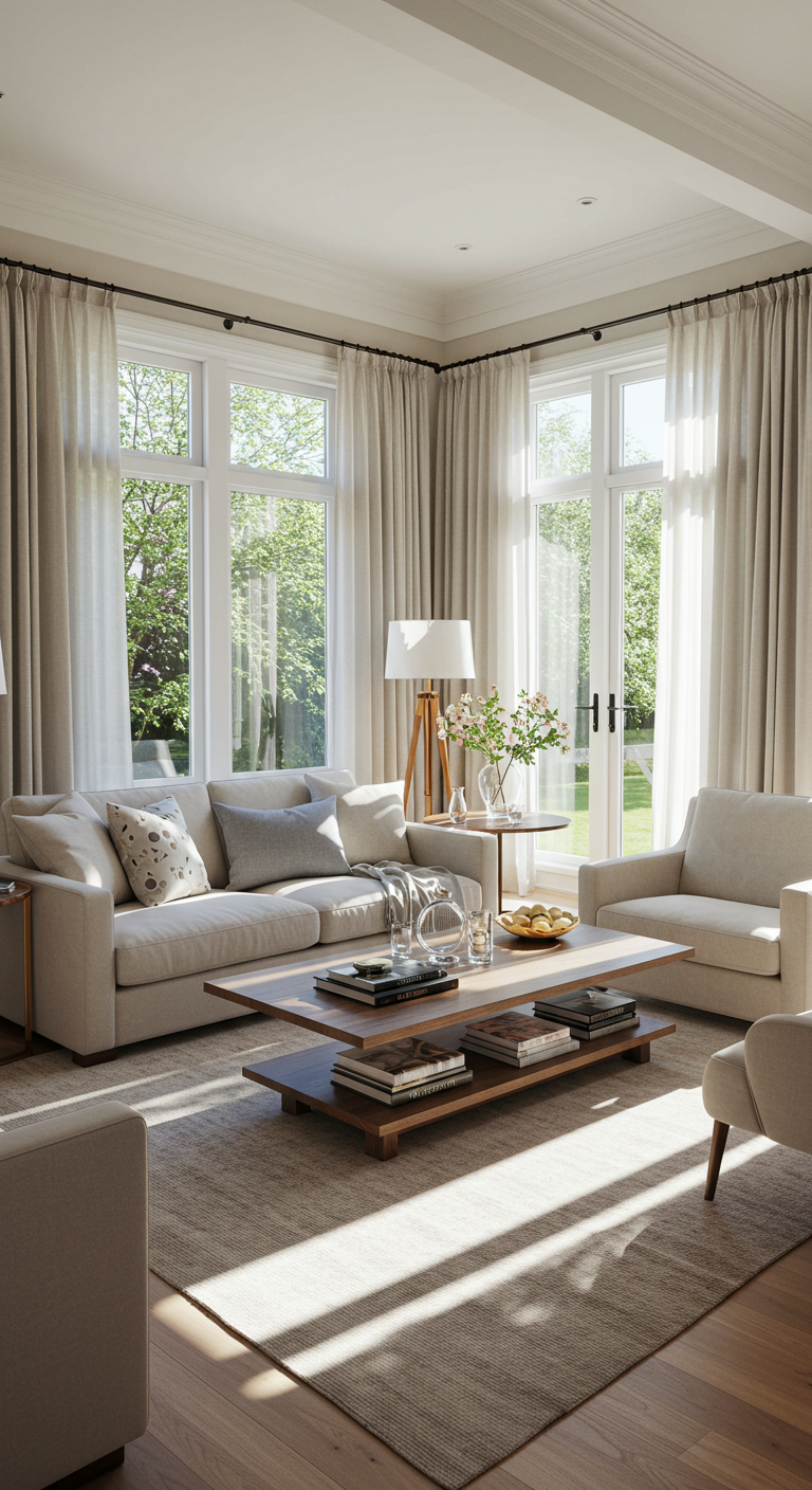 Bright living room with large windows, light gray sofas, and wooden coffee table. Sunlight streams in, creating a calm and inviting atmosphere.