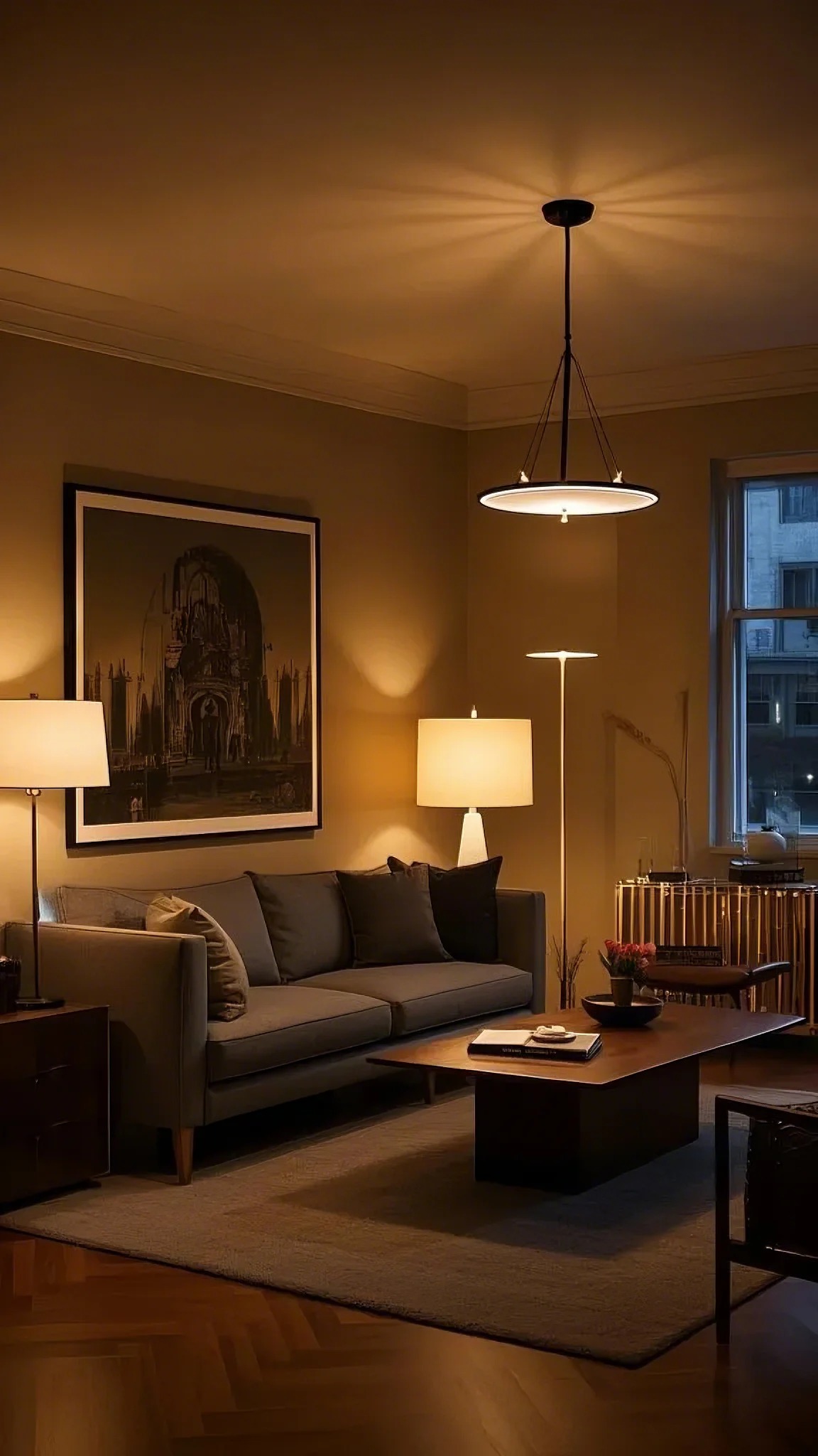 Cozy living room with a gray sofa, two side lamps, and a central ceiling light. A large artwork hangs above the sofa. Warm, ambient lighting creates a relaxing mood.