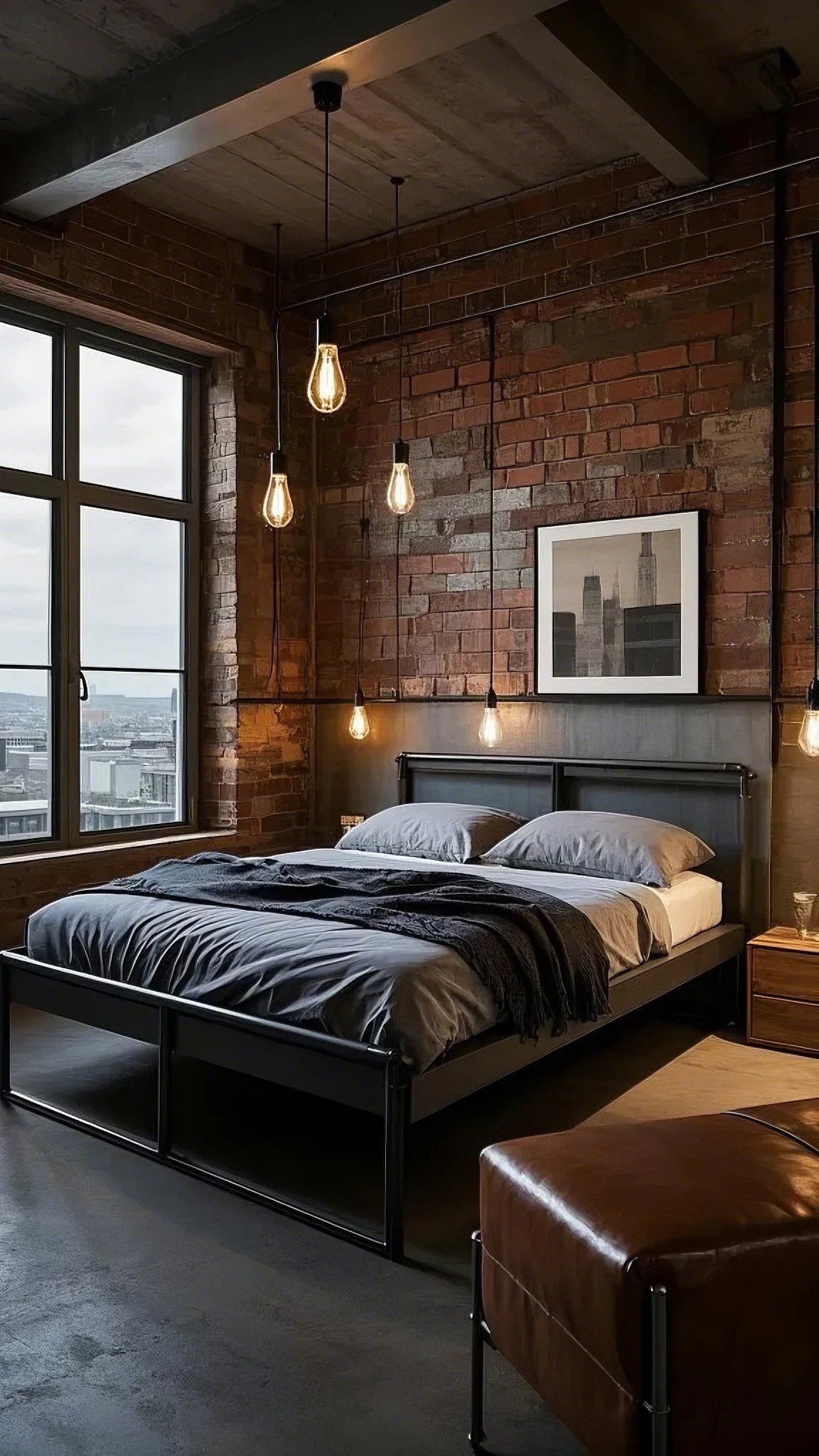 Industrial-style bedroom with exposed brick walls, metallic bed frame, and dangling Edison bulbs. A large window offers a cityscape view.