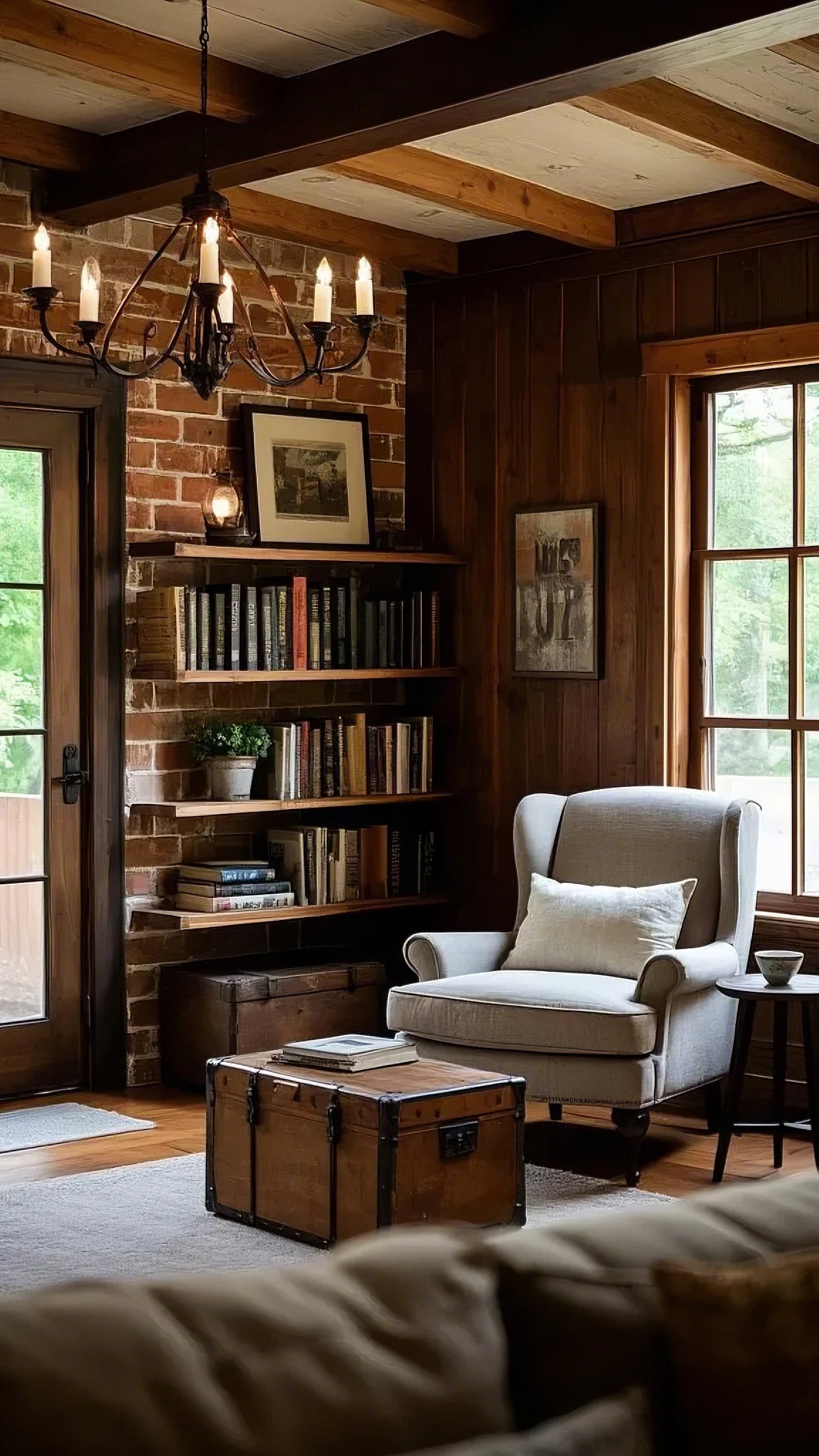 Cozy rustic library with a brick wall, wooden shelves filled with books, an armchair, and a vintage trunk as a coffee table. Candle chandelier adds warmth.