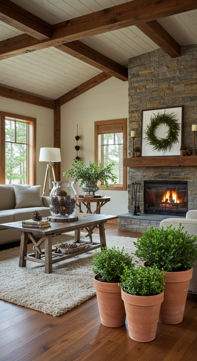 Cozy living room with a stone fireplace and wood beams. A plush sofa, rustic coffee table with pinecones, and potted plants create a warm, inviting ambiance.