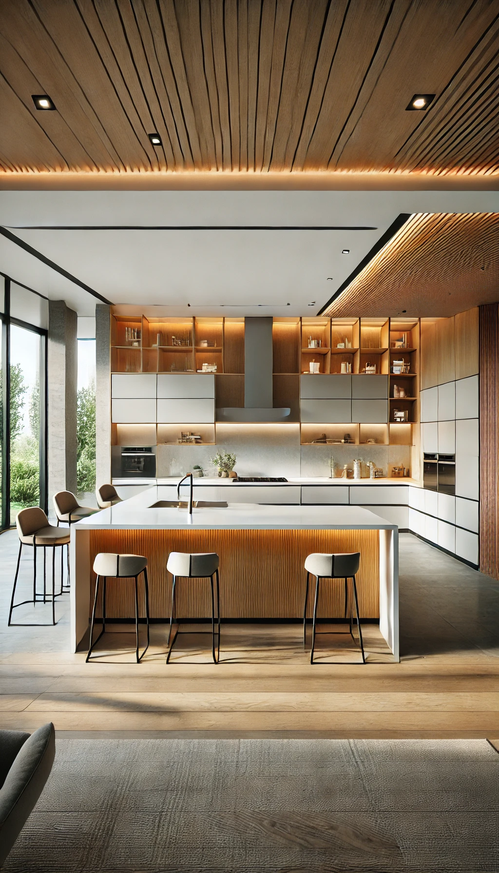 Sleek modern kitchen with an open layout, featuring minimalist cabinetry, a large central island with a waterfall countertop, integrated appliances, warm wood accents, and large windows allowing natural light to flood in, complemented by stylish pendant lighting and contemporary bar stools.