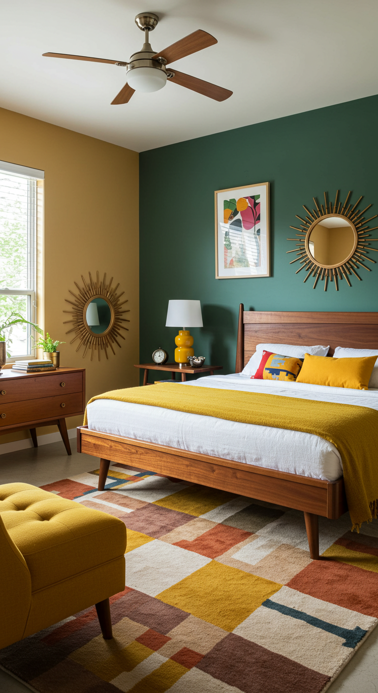 Mid-century modern bedroom with mustard yellow and green walls. Features a wooden bed, yellow accents, sunburst mirrors, and a patterned rug. Cozy and stylish.