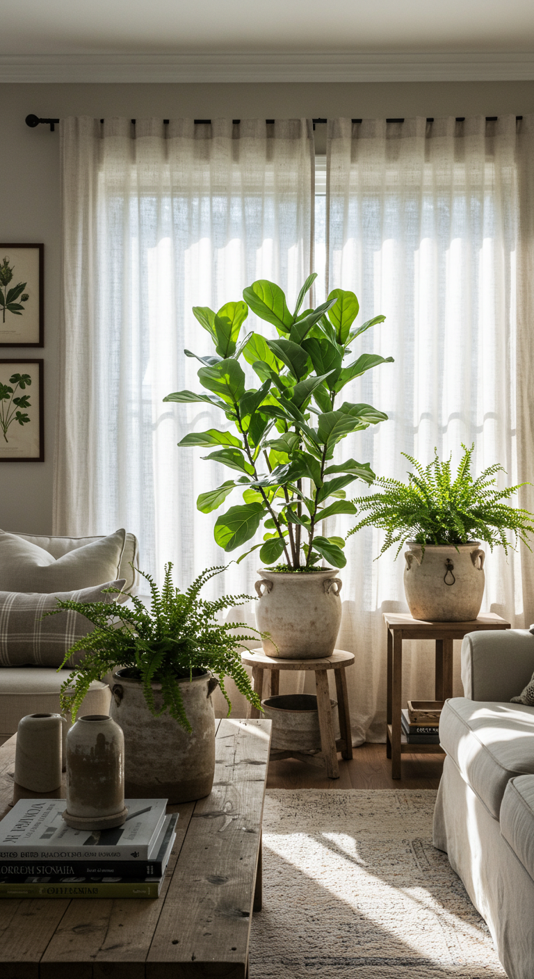 Sunlit living room with large leafy plants in ceramic pots on a wooden table and stool. A soft beige sofa and curtain create a calm, cozy atmosphere.