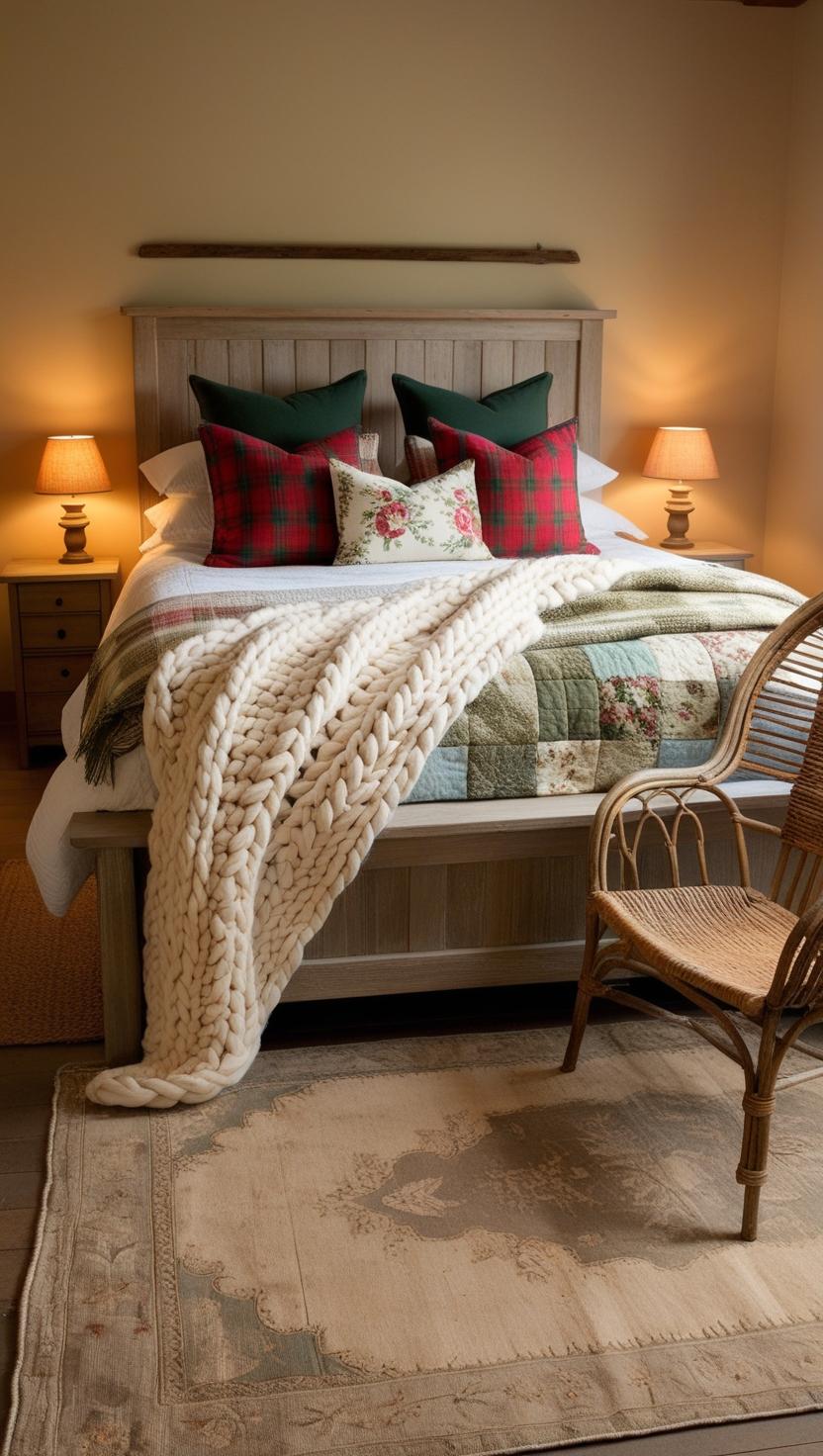 Cozy bedroom with a wood-framed bed, plaid and floral pillows, knit throw blanket, and quilt. Warm lighting from bedside lamps and a wicker chair enhance coziness.